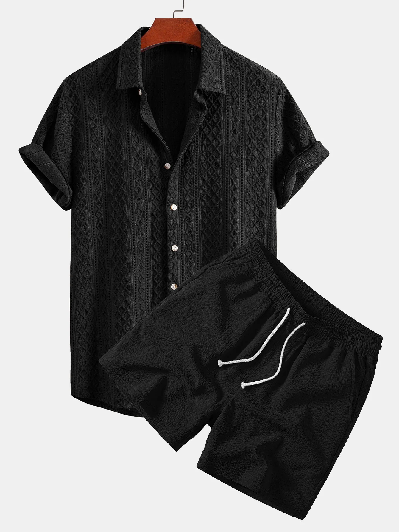 Geometry Rhombus Jacquard Button Up Shirt & Crinkle Textured Drawstring 5" Shorts - Image 3