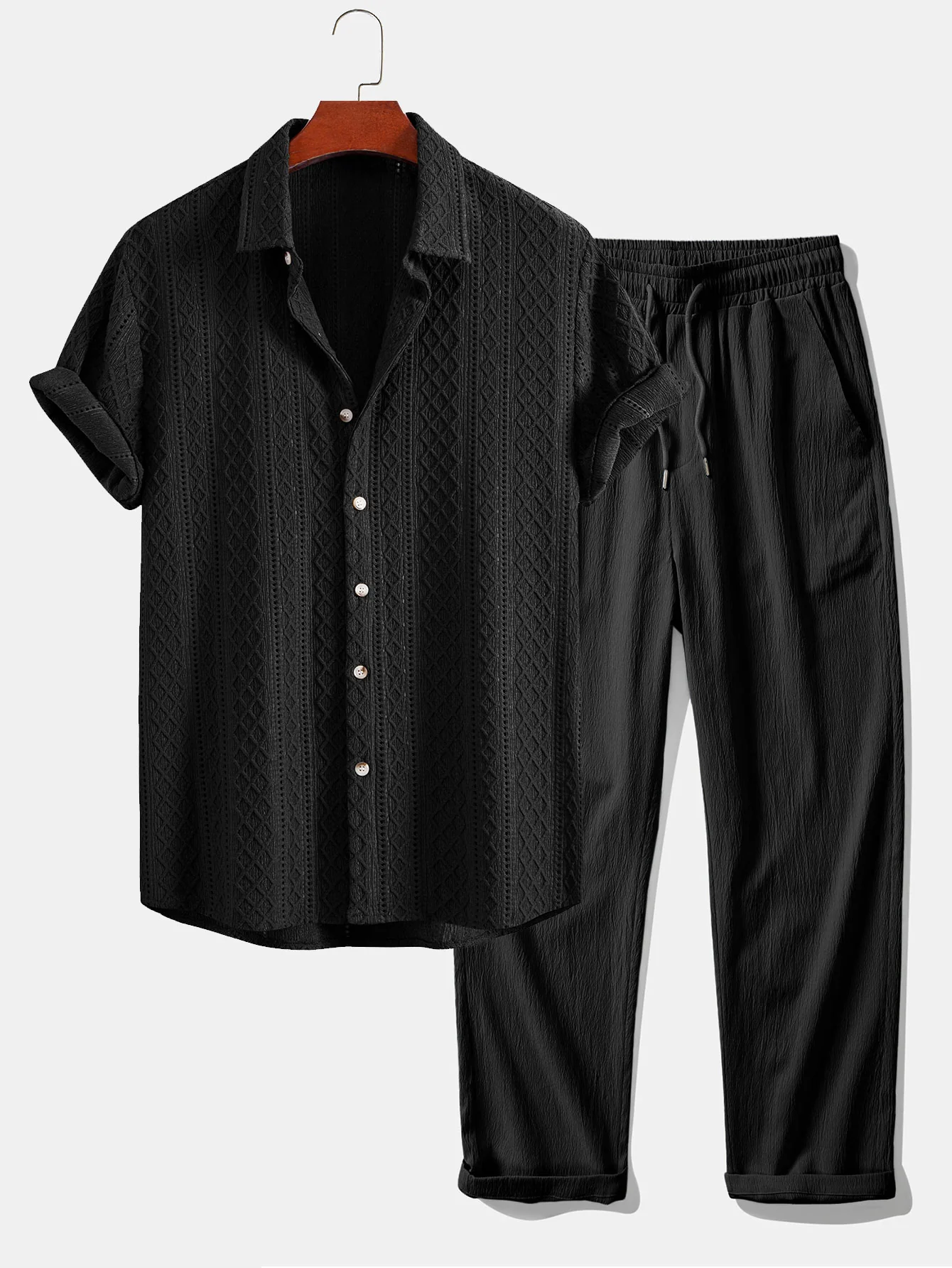 Geometry Rhombus Jacquard Button Up Shirt & Crinkle Textured Straight Leg Pants - Image 2