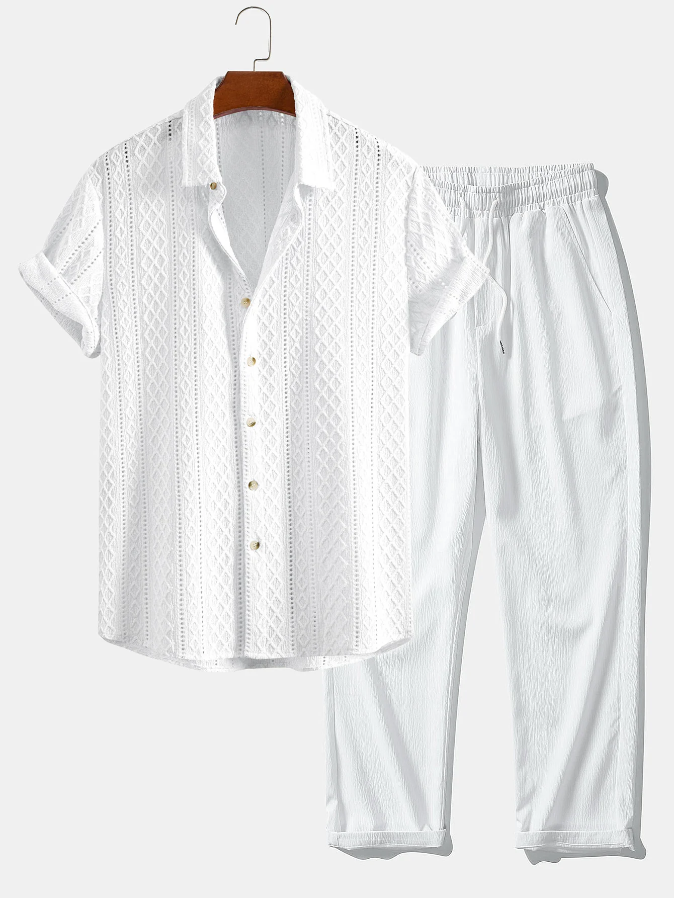 Geometry Rhombus Jacquard Button Up Shirt & Crinkle Textured Straight Leg Pants - Image 3
