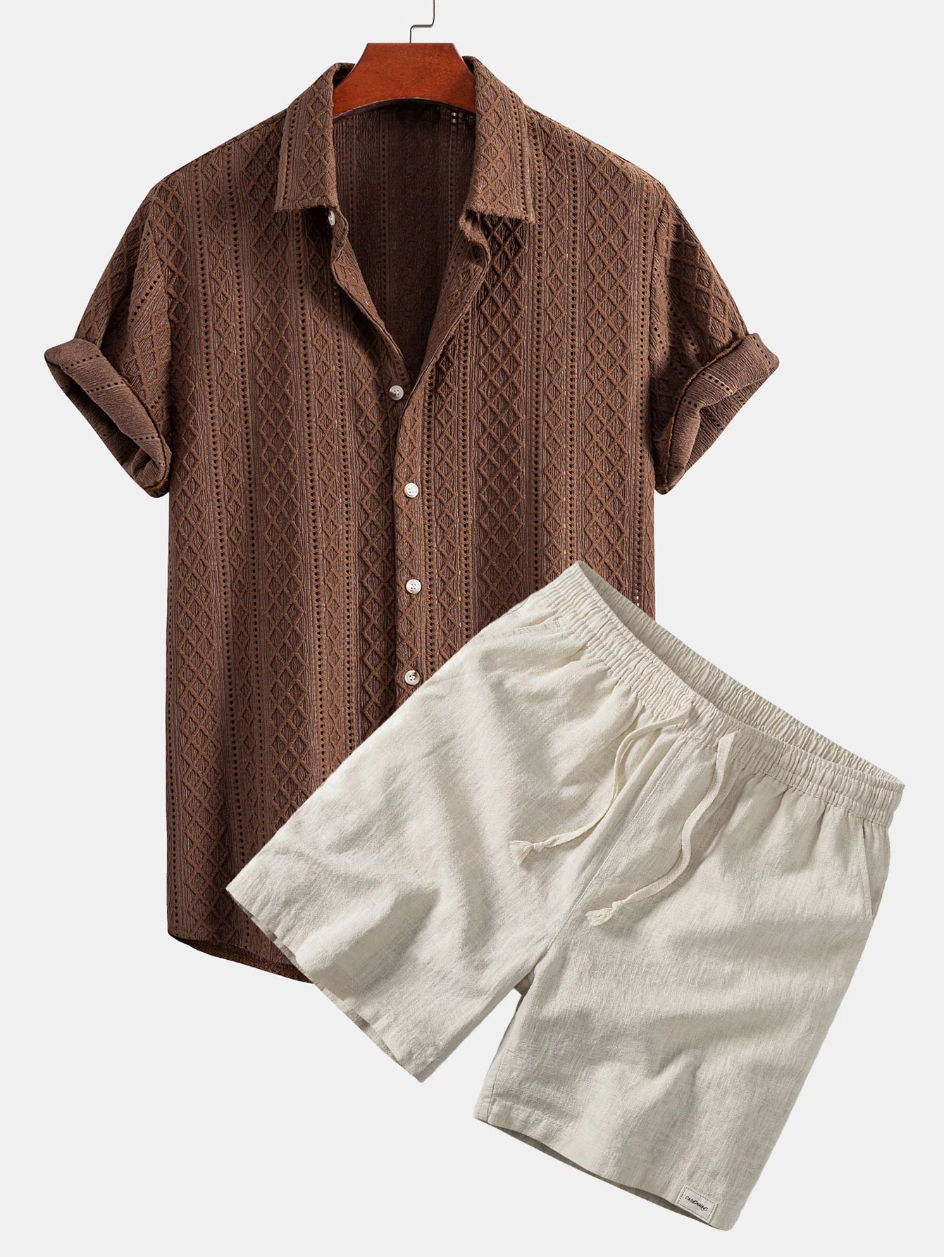 Geometry Rhombus Jacquard Button Up Shirt & Linen Blend Drawstring 7" Shorts