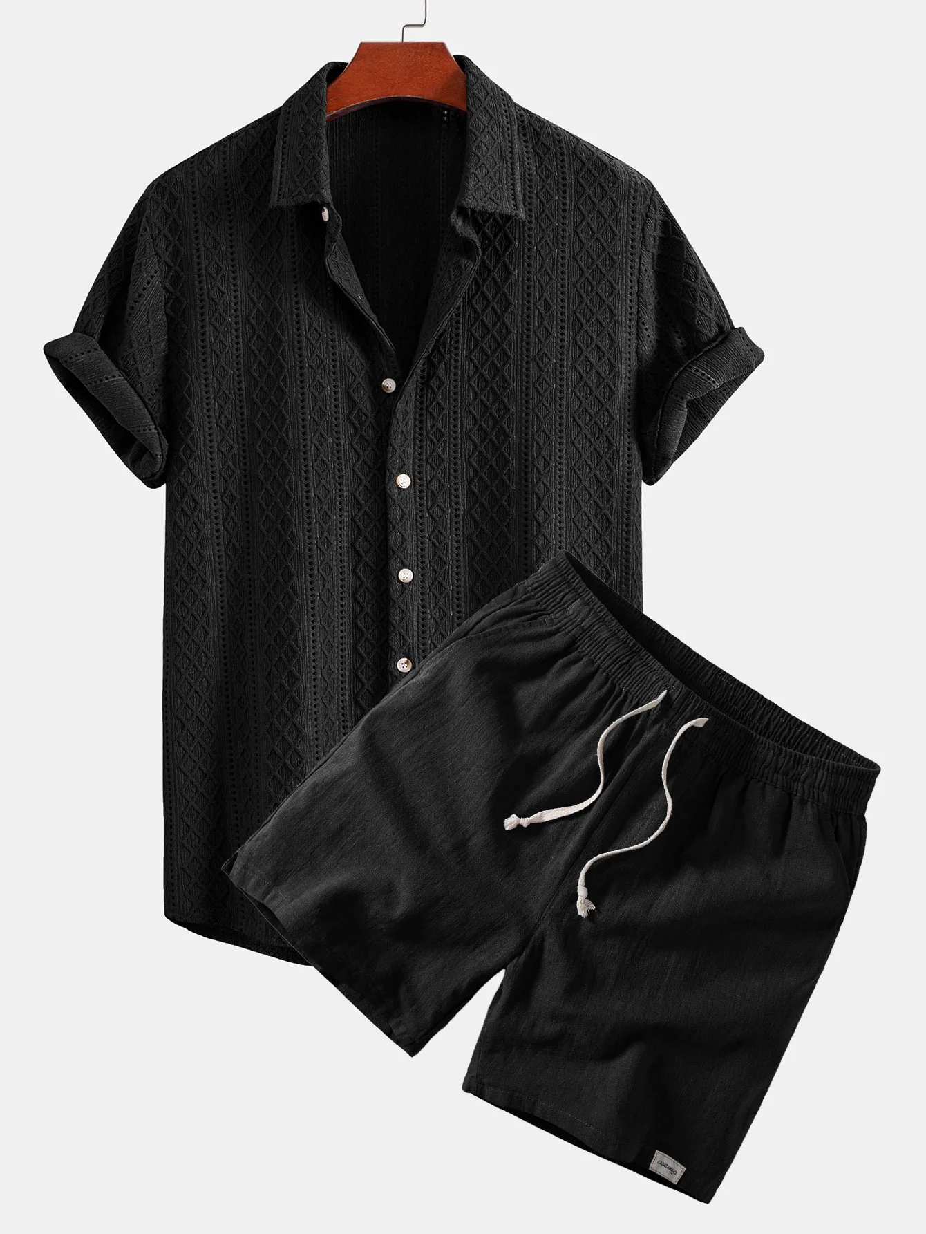 Geometry Rhombus Jacquard Button Up Shirt & Linen Blend Drawstring 7" Shorts - Image 2