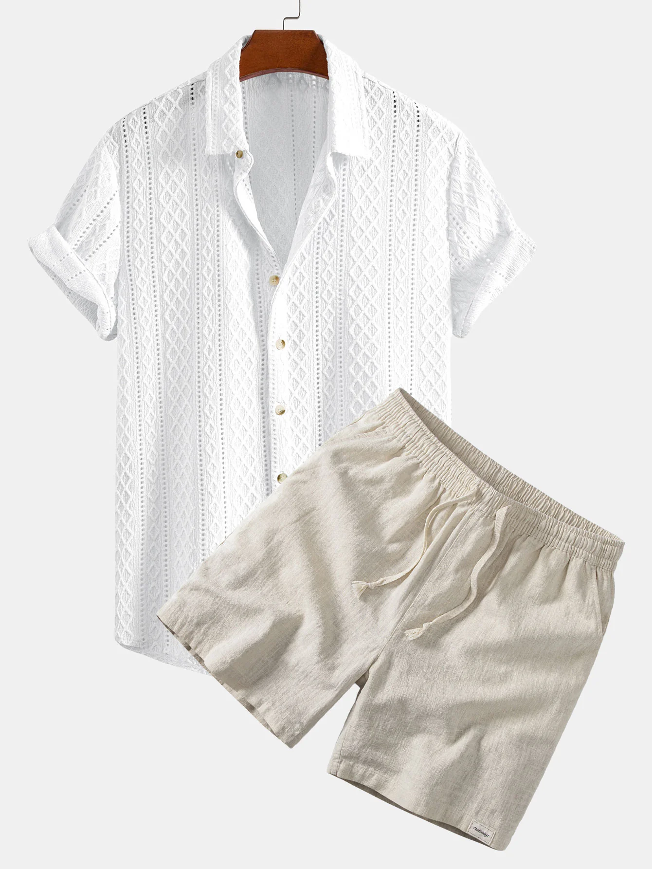 Geometry Rhombus Jacquard Button Up Shirt & Linen Blend Drawstring 7" Shorts - Image 3
