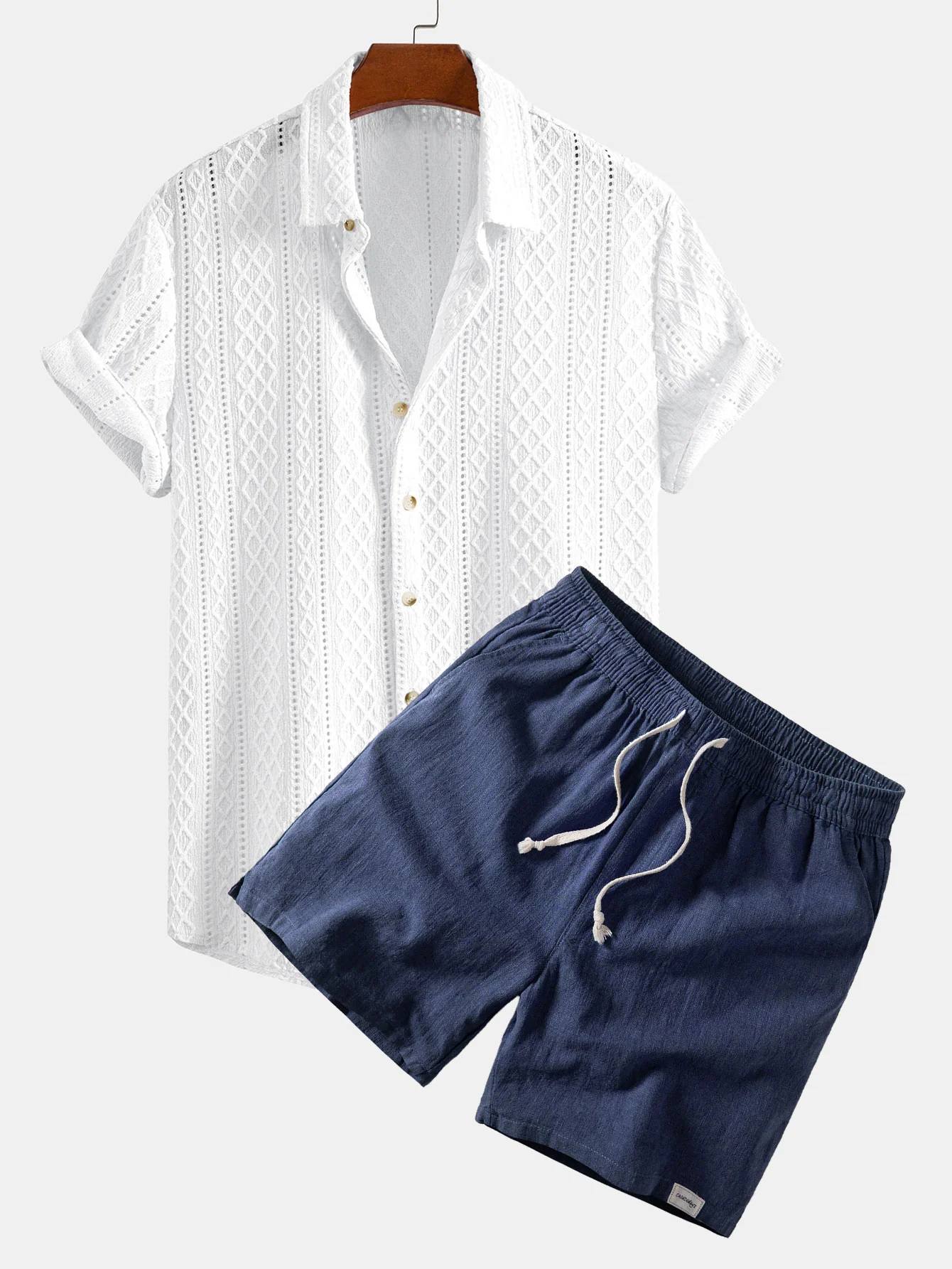 Geometry Rhombus Jacquard Button Up Shirt & Linen Blend Drawstring 7" Shorts - Image 4