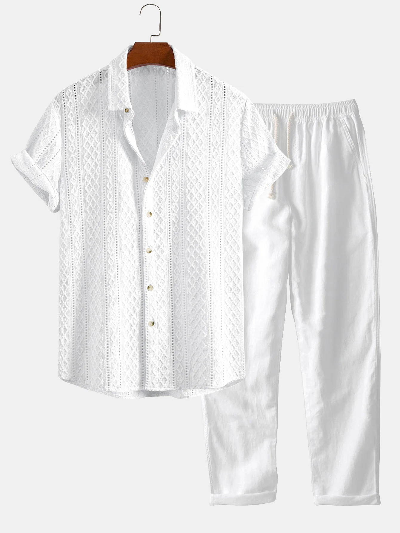 Geometry Rhombus Jacquard Button Up Shirt & Straight Leg Linen Pants - Image 2