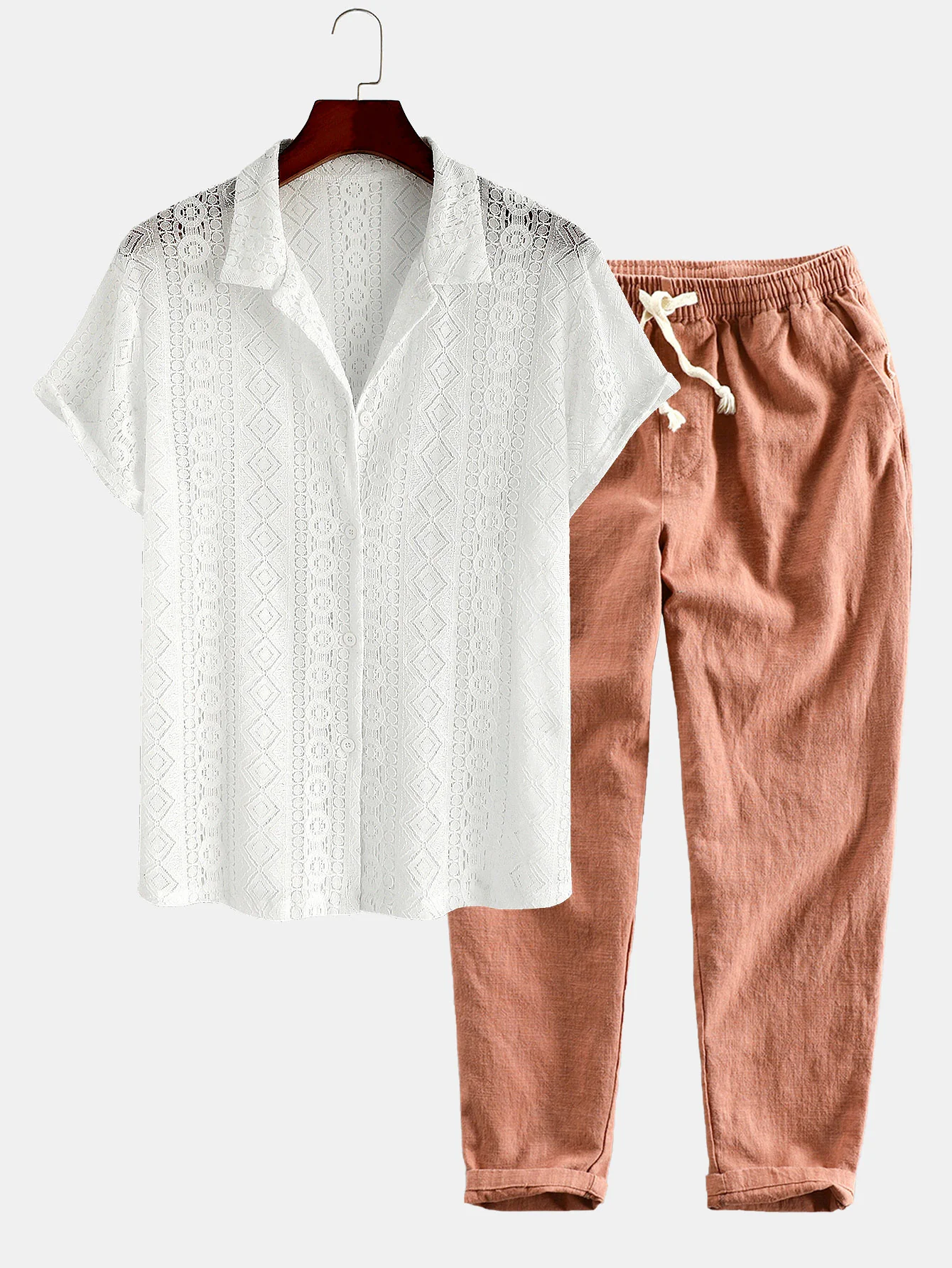 Geometrisch texturiertes kubanisches Hemd & Leinen-Baumwoll-Mix cropped Hose
