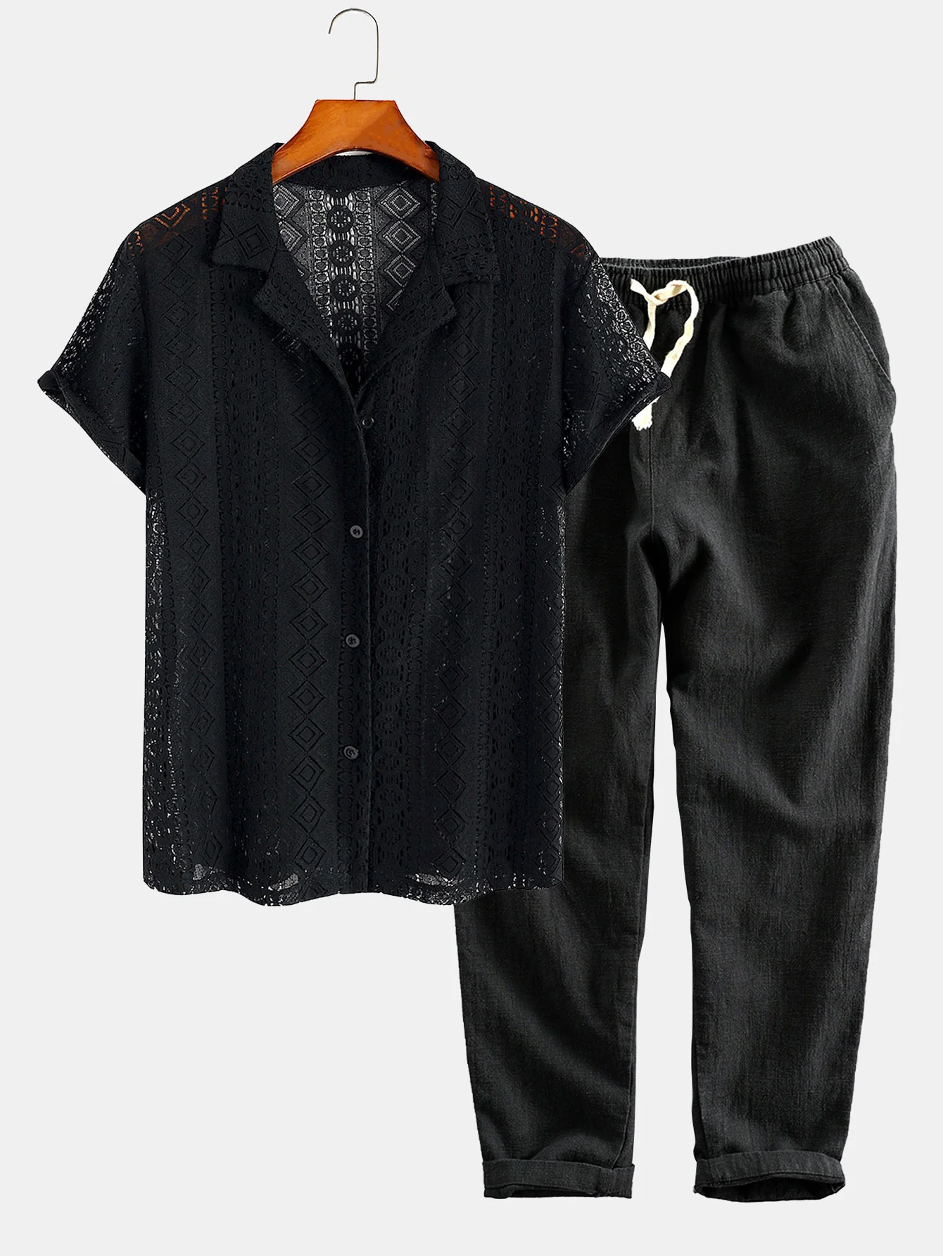 Geometrisch texturiertes kubanisches Hemd & Leinen-Baumwoll-Mix cropped Hose - Image 2