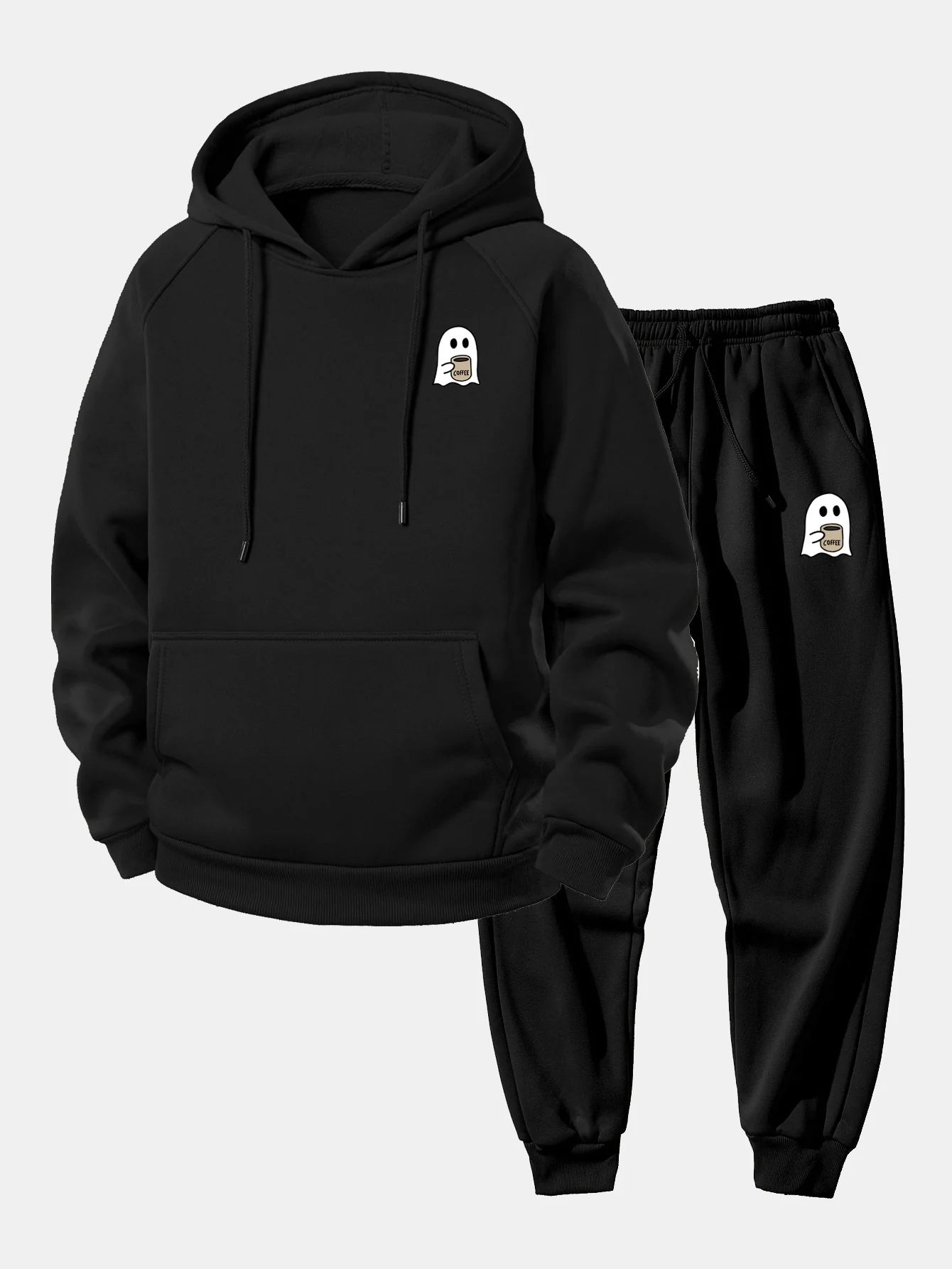 Ghost Drinking Coffee Print Drawstring Hoodie & Ghost Drinking Coffee Print Jogger Pants