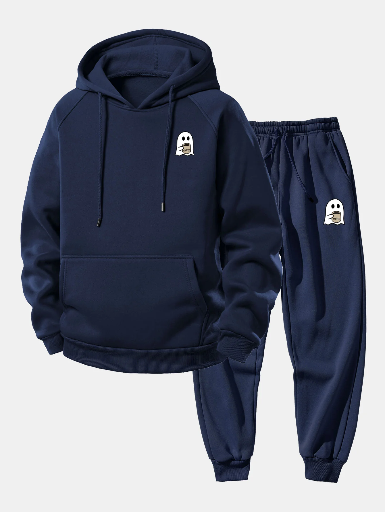 Ghost Drinking Coffee Print Drawstring Hoodie & Ghost Drinking Coffee Print Jogger Pants - Image 2