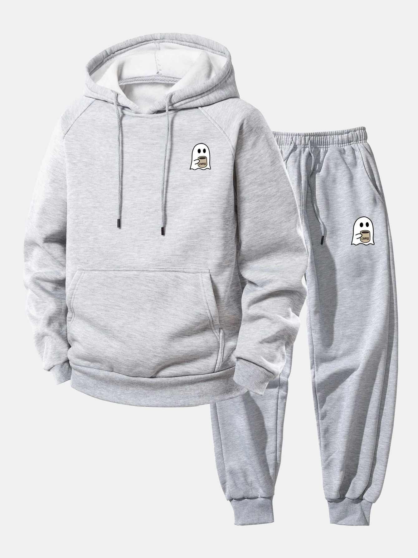 Ghost Drinking Coffee Print Drawstring Hoodie & Ghost Drinking Coffee Print Jogger Pants - Image 3