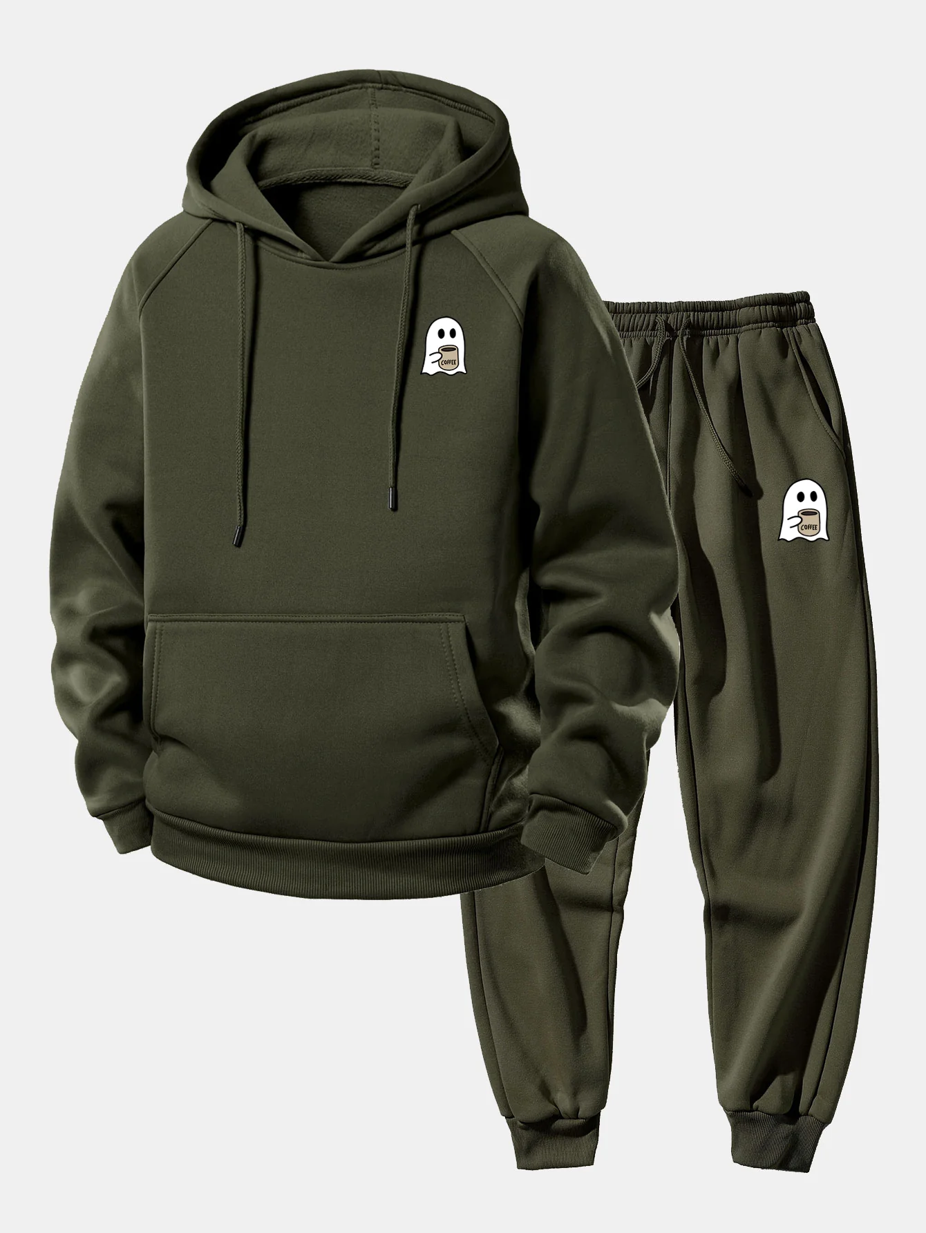 Ghost Drinking Coffee Print Drawstring Hoodie & Ghost Drinking Coffee Print Jogger Pants - Image 4