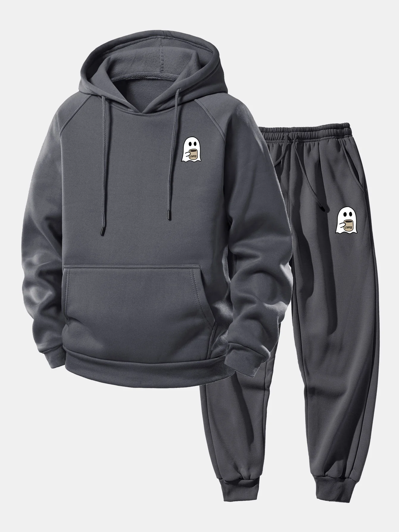 Ghost Drinking Coffee Print Drawstring Hoodie & Ghost Drinking Coffee Print Jogger Pants - Image 5