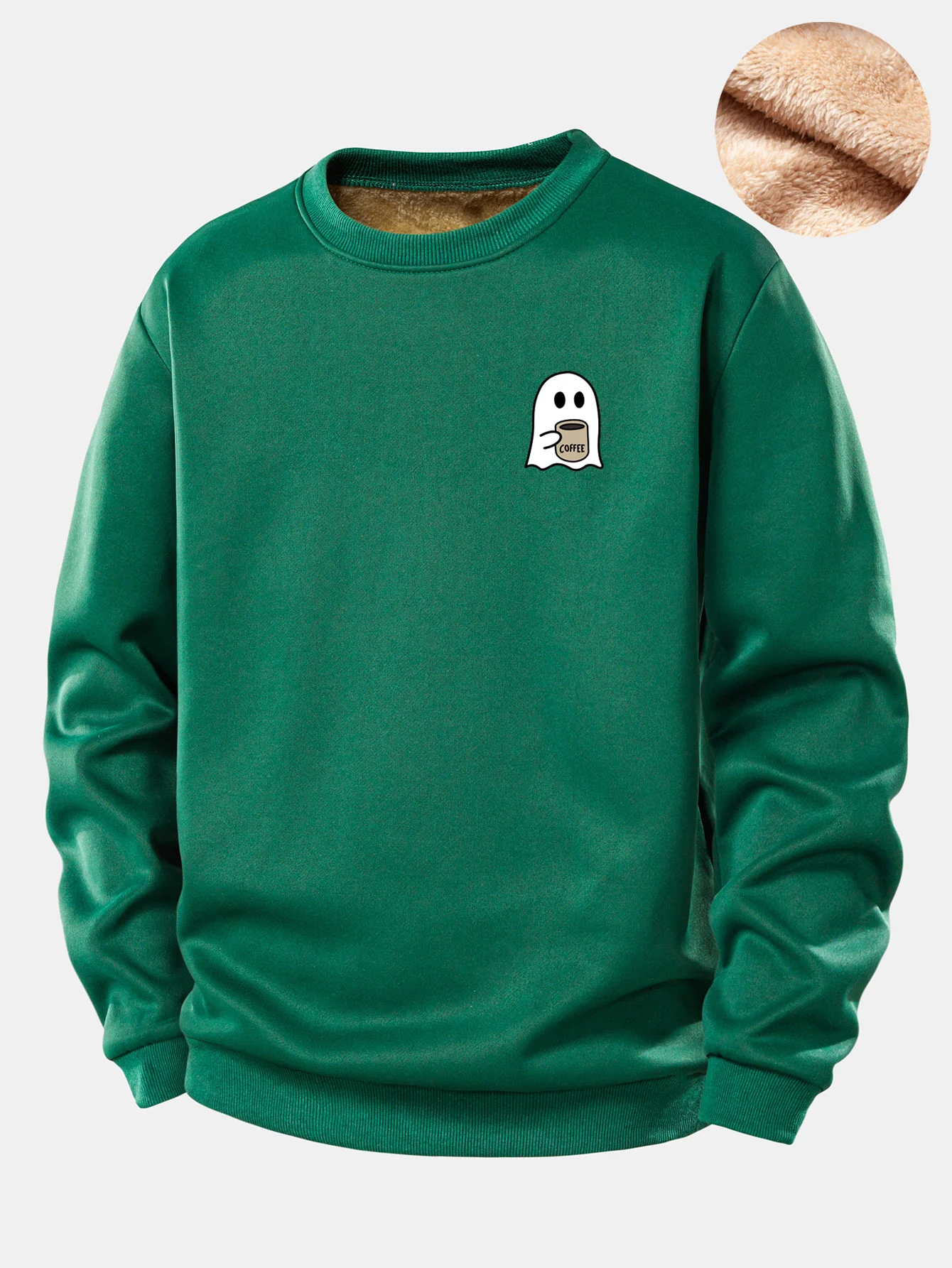 Ghost Drinking Coffee Print Teddy Fleece Lined Sweatshirt - Image 6