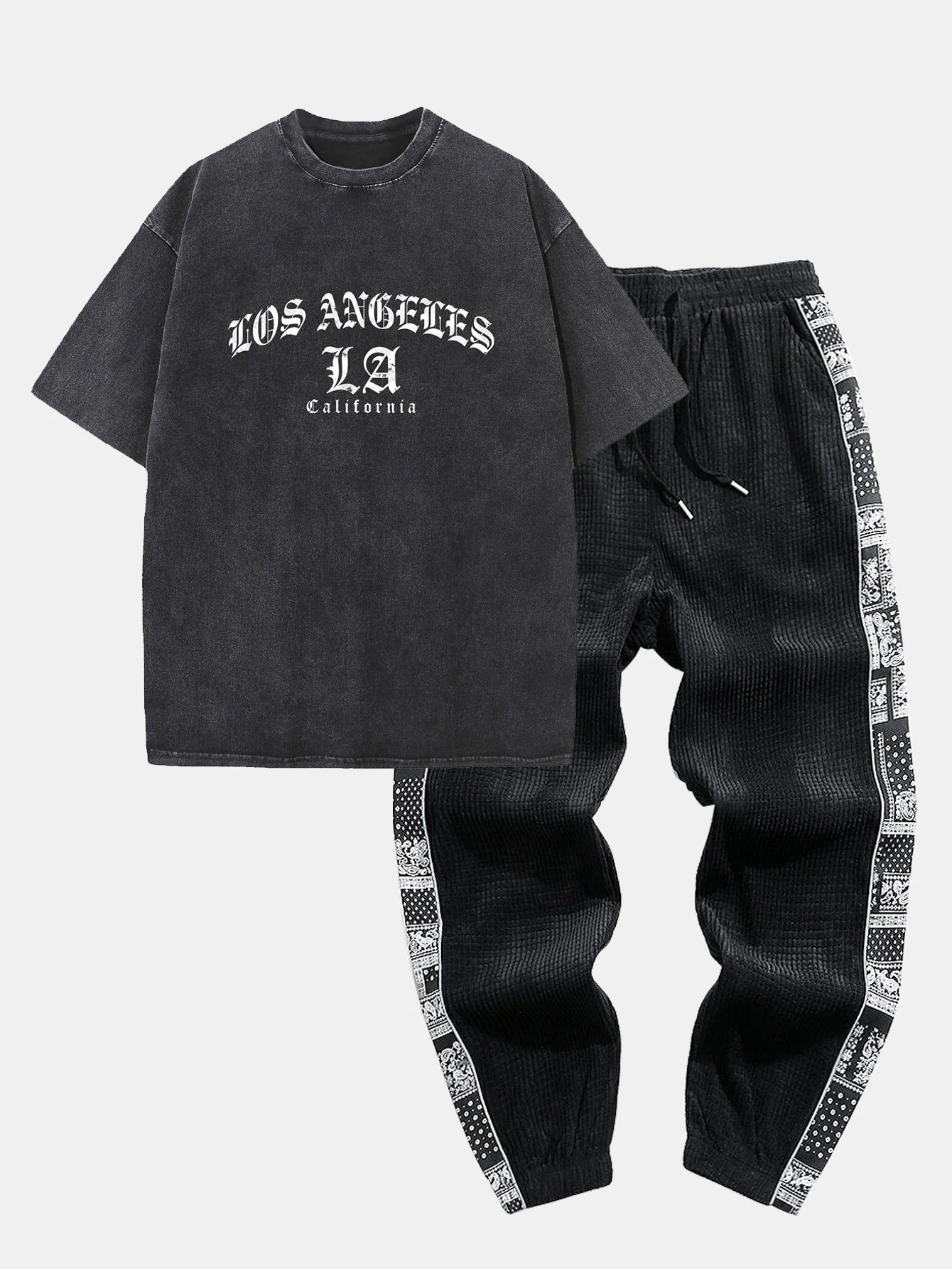 Gothic Los Angeles Print gewaschenes, distressed Drop Shoulder T-Shirt & Corduroy Paisley Print Panel Hosen
