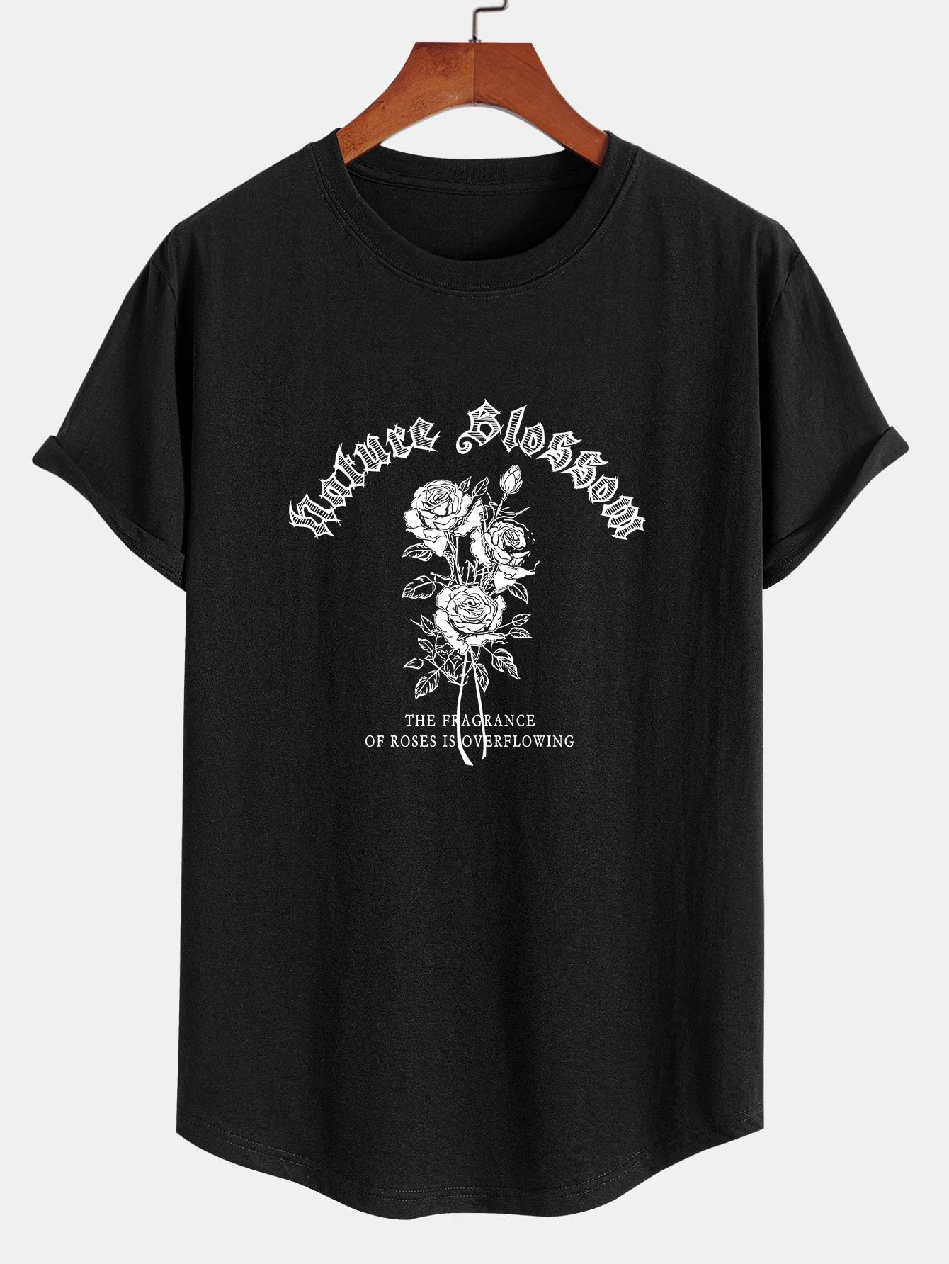 Gothic-Stil Rosenmuster Baumwolle Bogen Saum T-Shirt