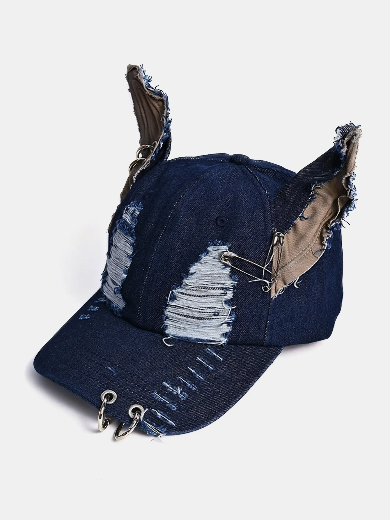 Gothic Western Distressed Denim Baseball Cap With Metal Rings - Image 4