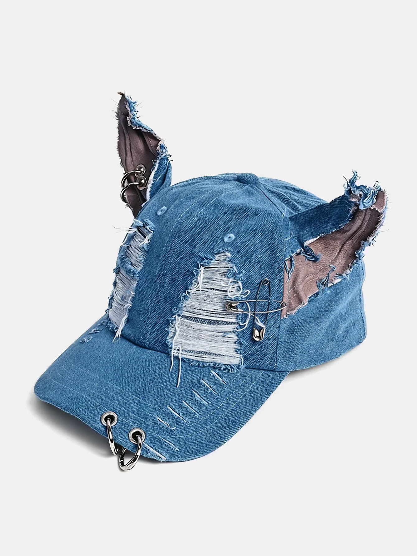 Gothic Western Distressed Denim Baseball Cap With Metal Rings - Image 5