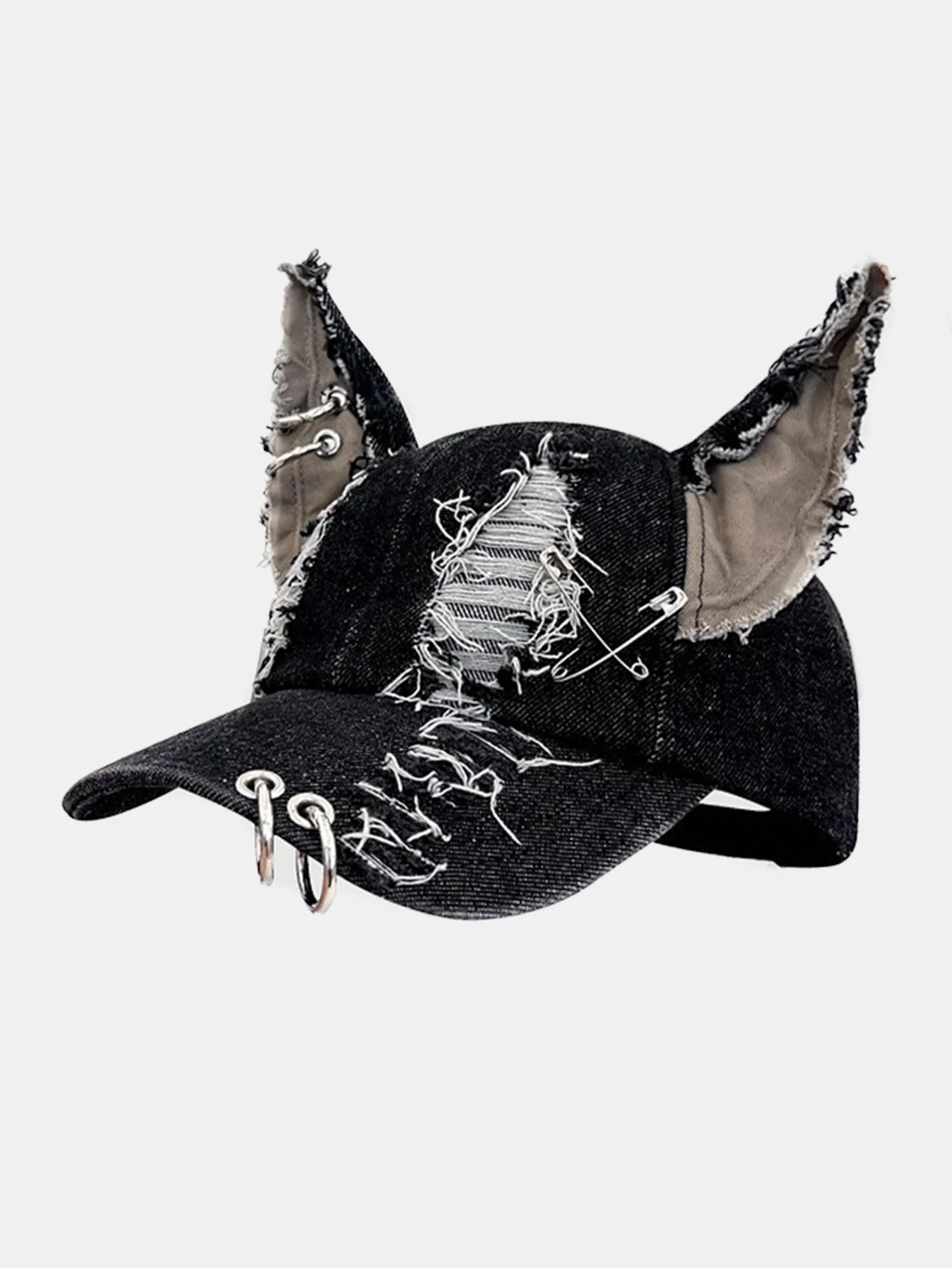 Gothic Western Distressed Denim Baseball Cap With Metal Rings - Image 7