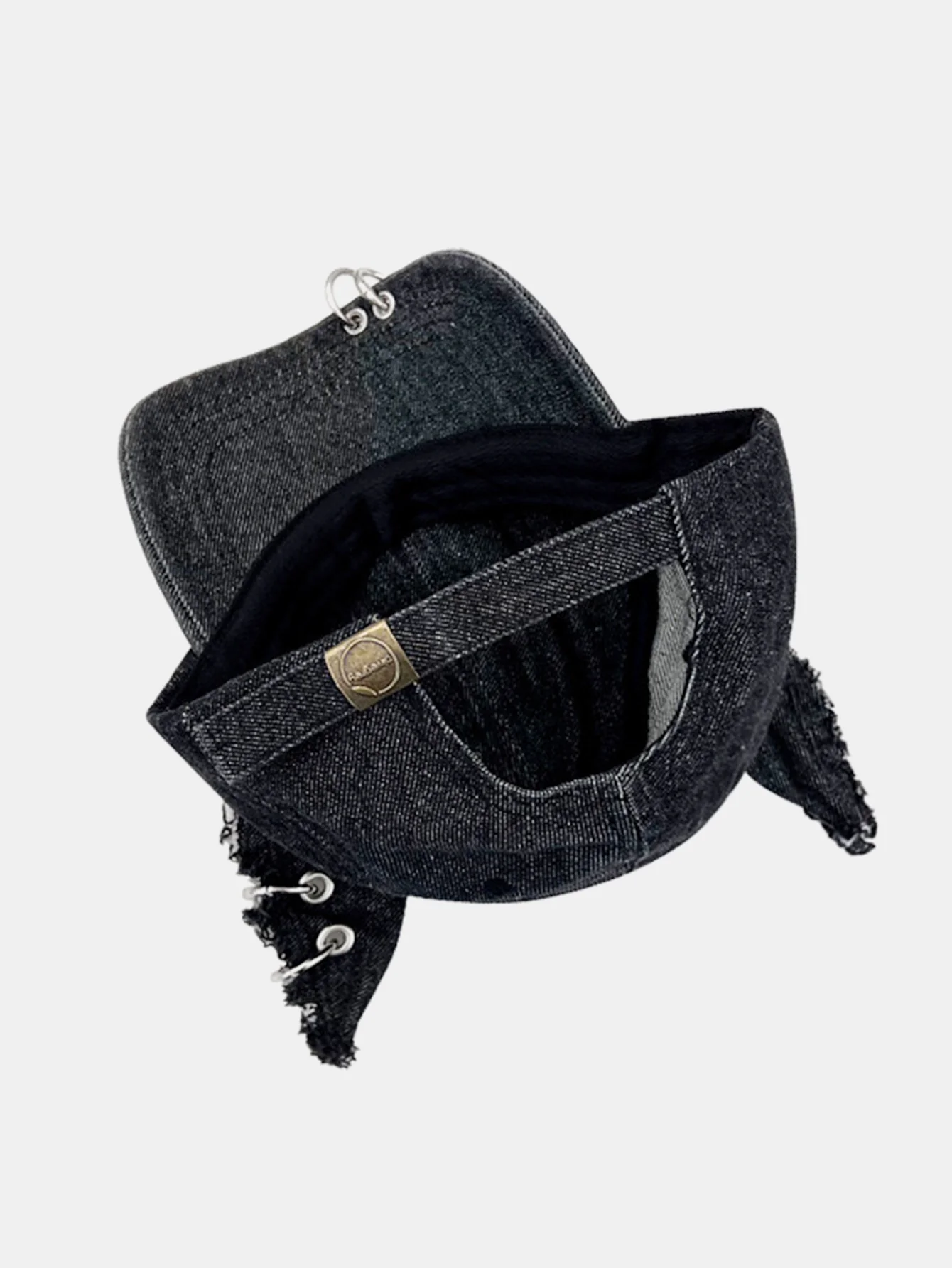 Gothic Western Distressed Denim Baseball Cap With Metal Rings - Image 8