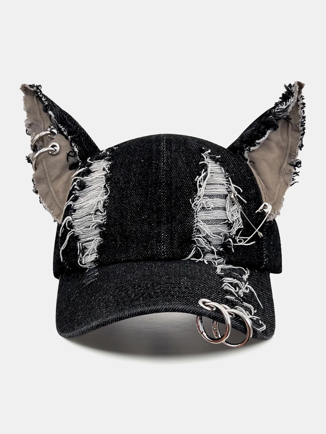 Gothic Western Distressed Denim Baseball Cap With Metal Rings - Image 9