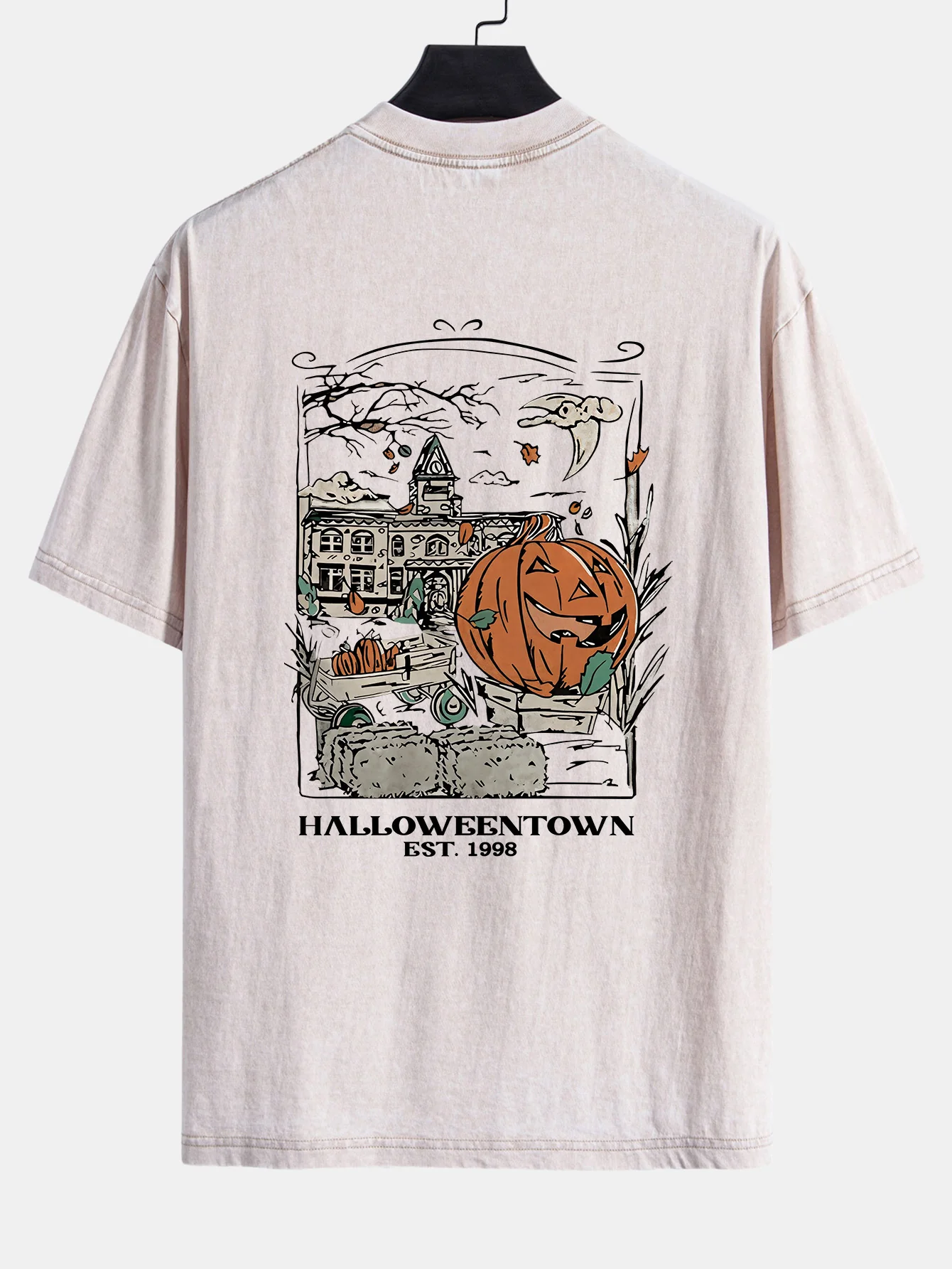 Halloween Kürbis Stadt Druck Gewaschenes Abgenutztes Drop-Shoulder T-Shirt - Image 10