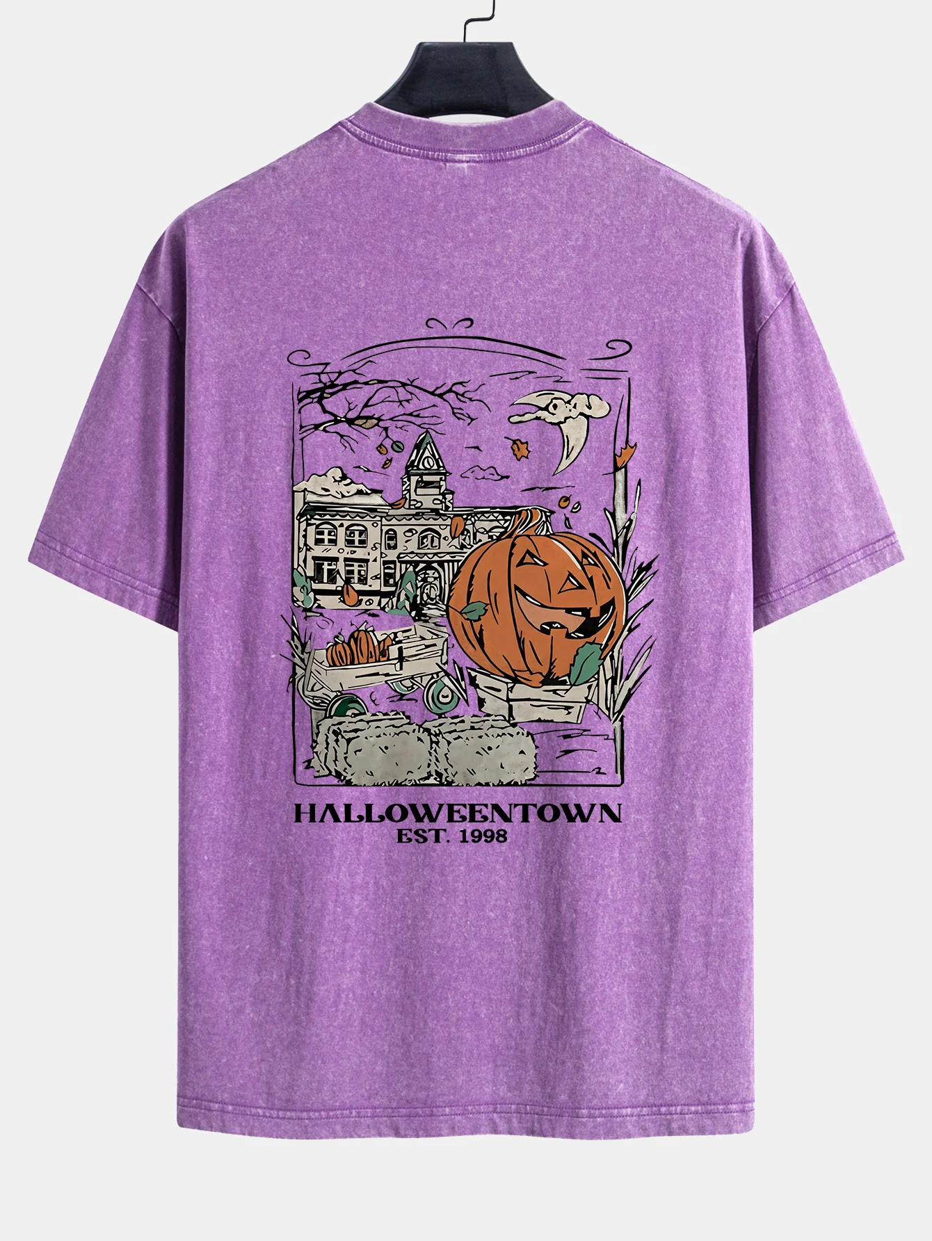 Halloween Kürbis Stadt Druck Gewaschenes Abgenutztes Drop-Shoulder T-Shirt - Image 12