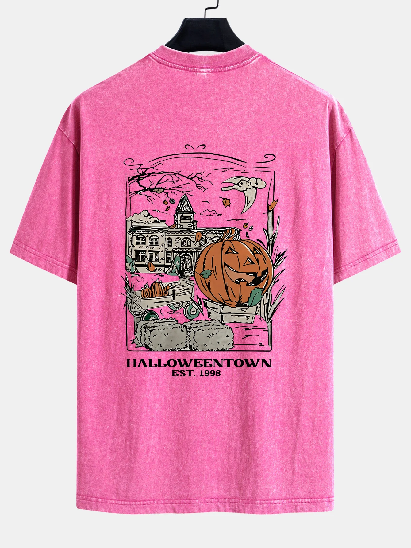 Halloween Kürbis Stadt Druck Gewaschenes Abgenutztes Drop-Shoulder T-Shirt - Image 14