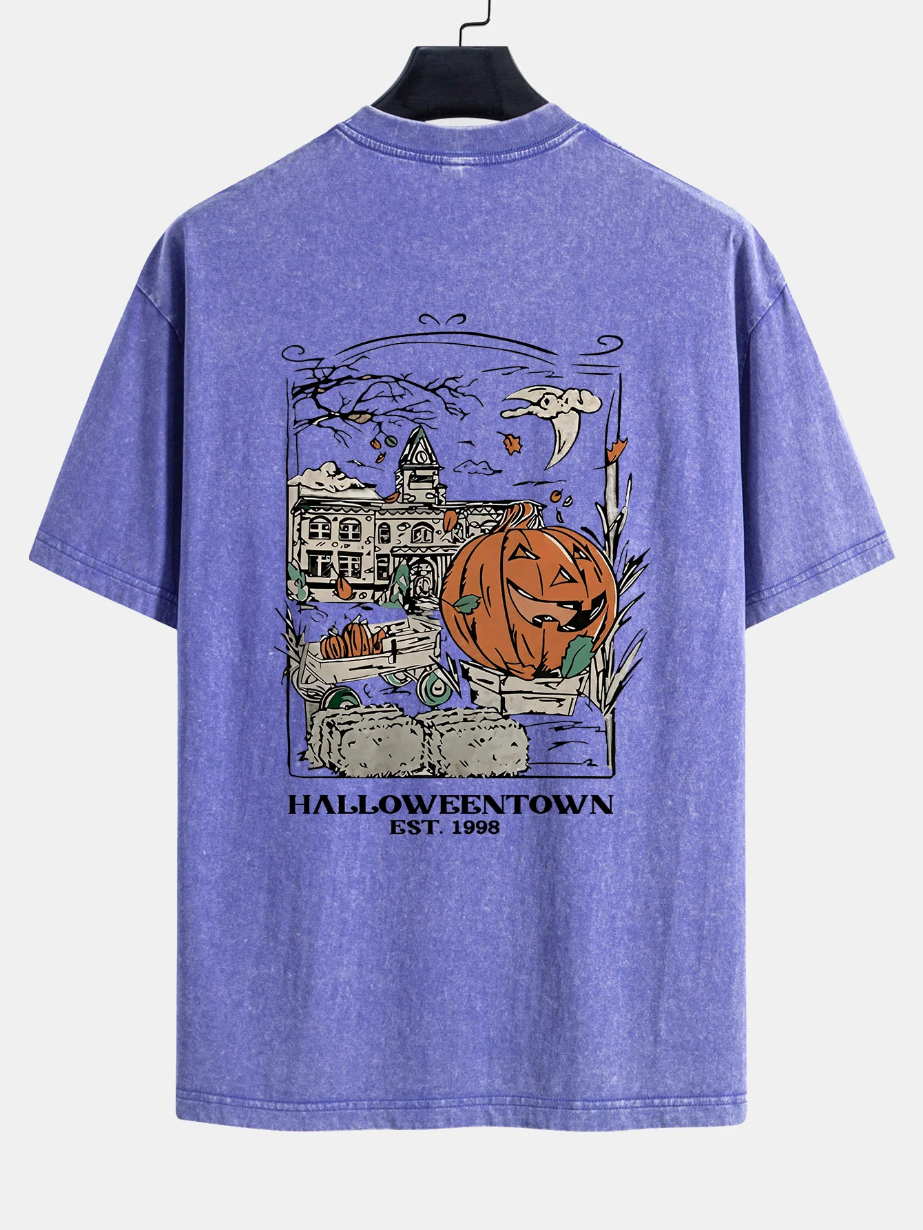 Halloween Kürbis Stadt Druck Gewaschenes Abgenutztes Drop-Shoulder T-Shirt - Image 16