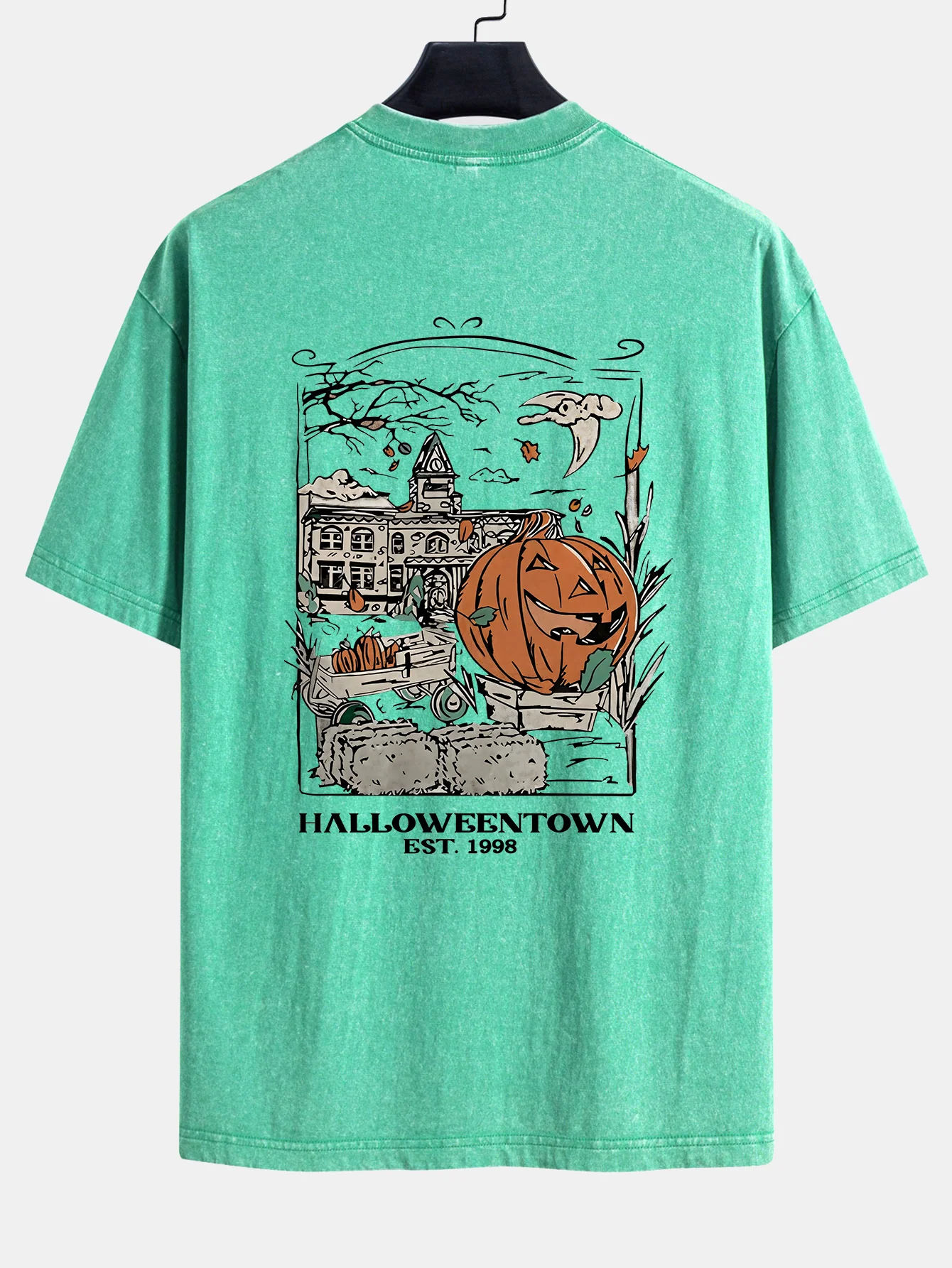 Halloween Kürbis Stadt Druck Gewaschenes Abgenutztes Drop-Shoulder T-Shirt - Image 18