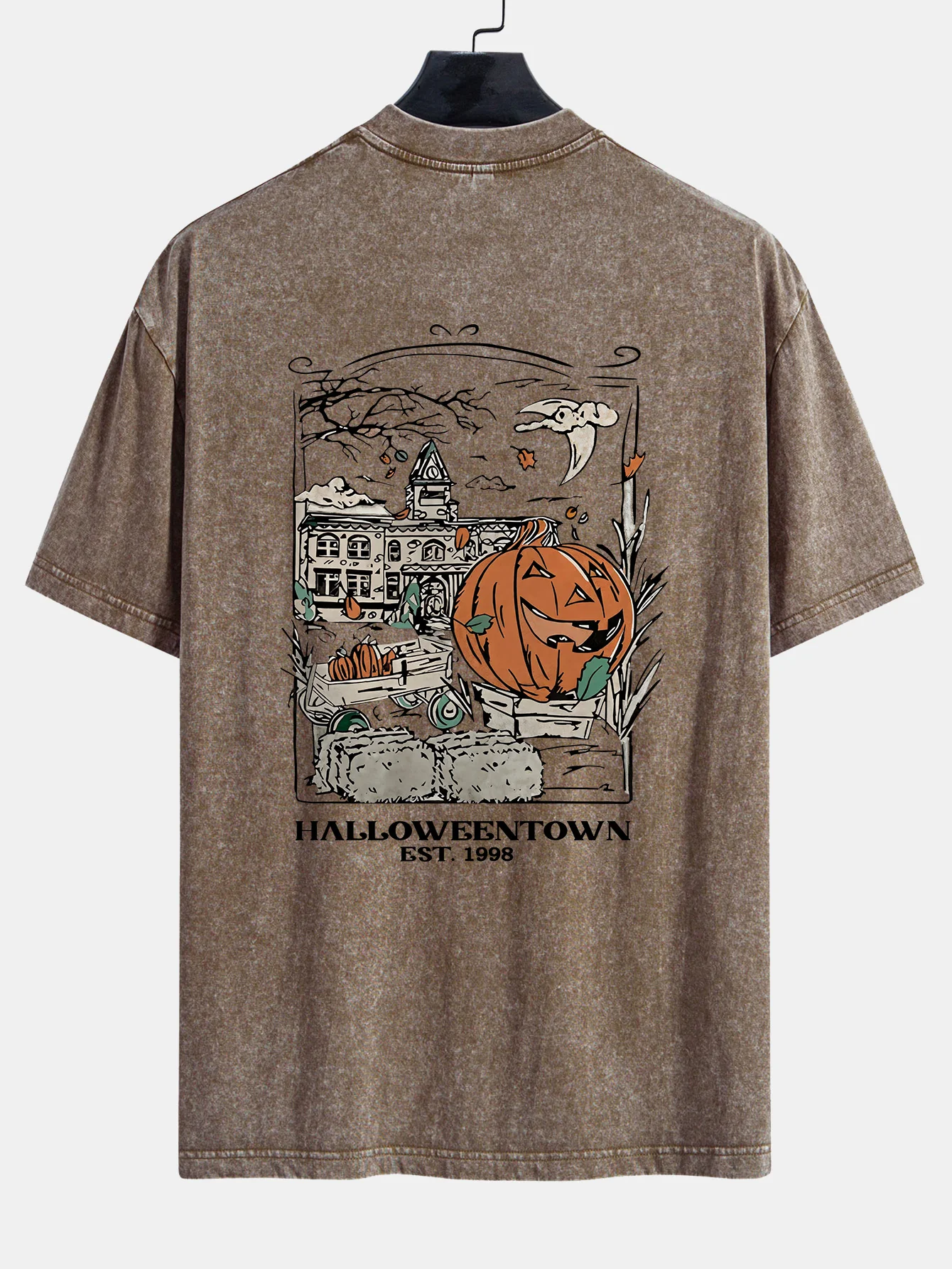 Halloween Kürbis Stadt Druck Gewaschenes Abgenutztes Drop-Shoulder T-Shirt - Image 2