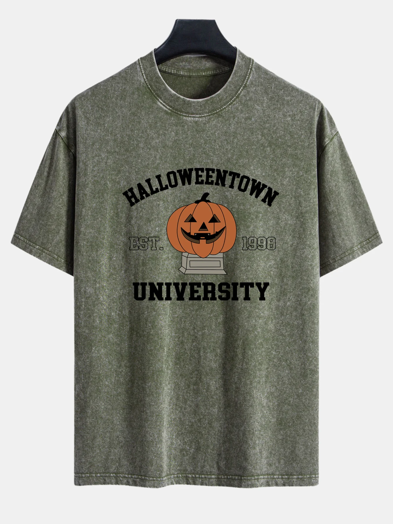 Halloween Kürbis Stadt Druck Gewaschenes Abgenutztes Drop-Shoulder T-Shirt - Image 3