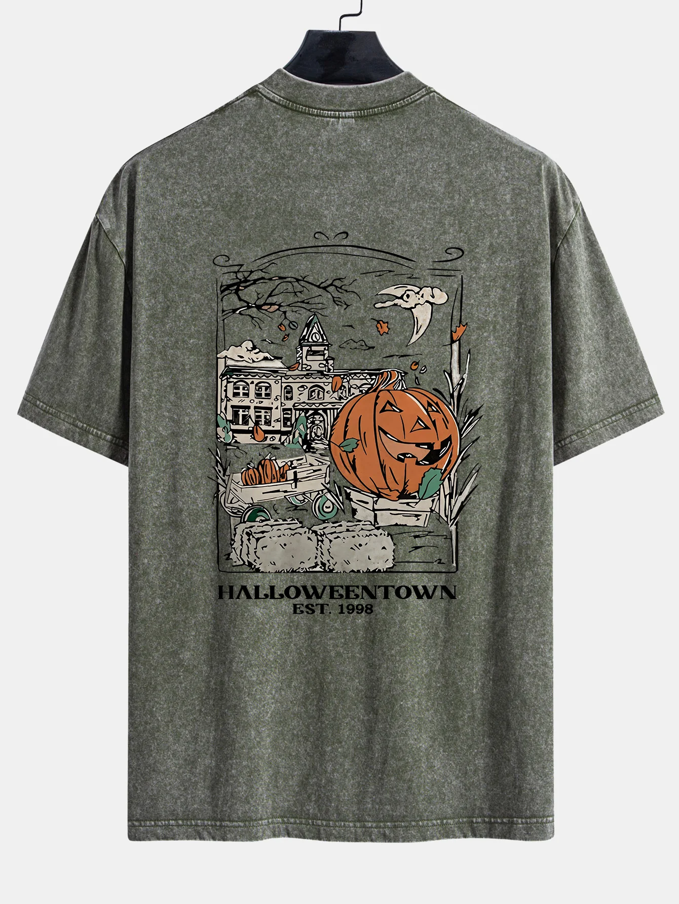 Halloween Kürbis Stadt Druck Gewaschenes Abgenutztes Drop-Shoulder T-Shirt - Image 4
