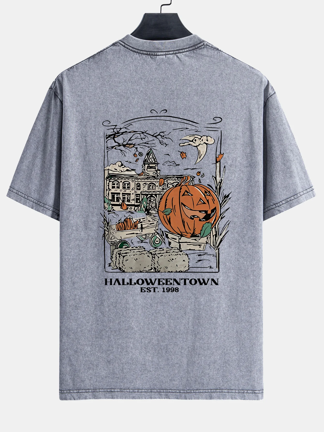 Halloween Kürbis Stadt Druck Gewaschenes Abgenutztes Drop-Shoulder T-Shirt - Image 6