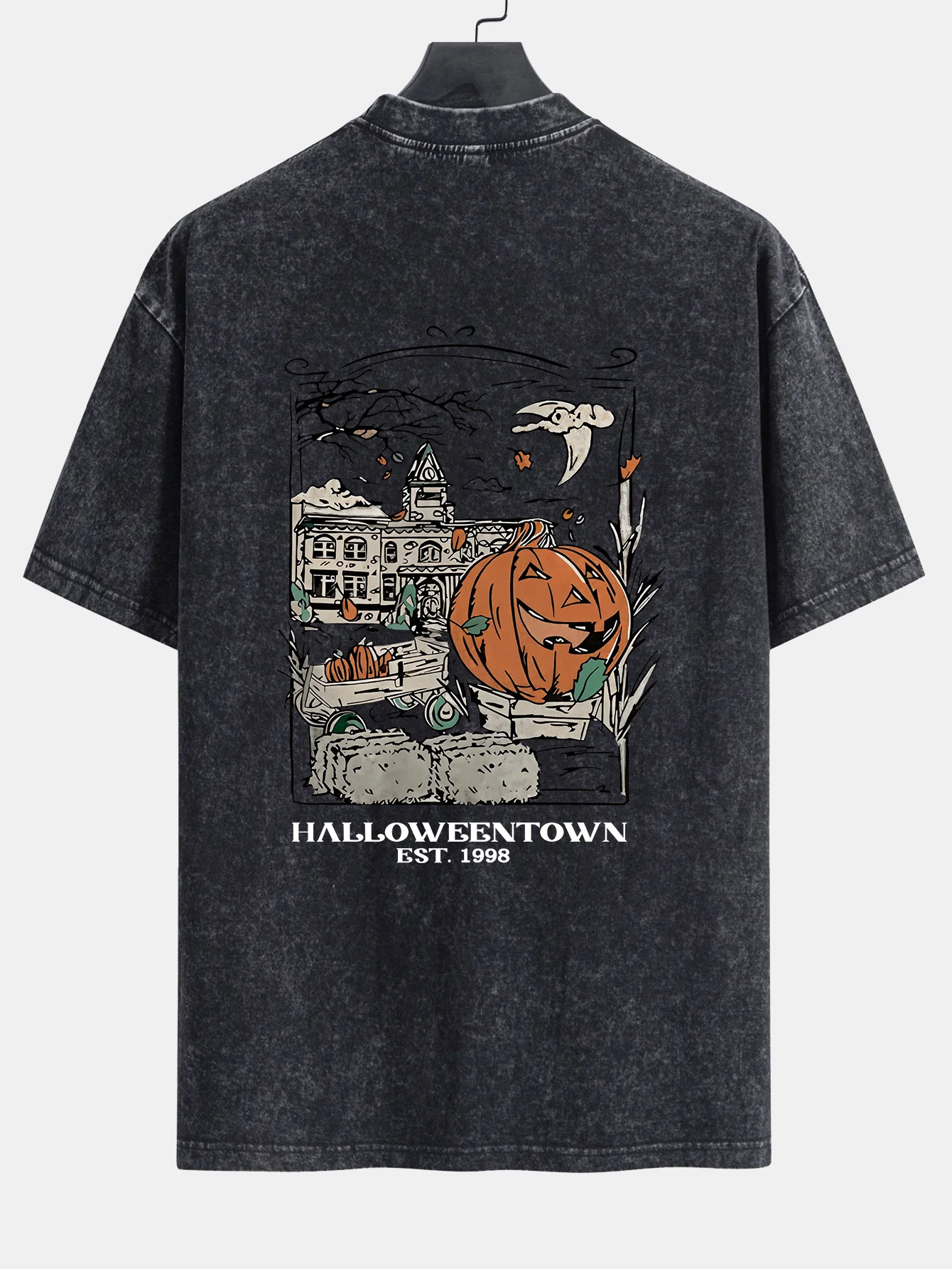 Halloween Kürbis Stadt Druck Gewaschenes Abgenutztes Drop-Shoulder T-Shirt - Image 8