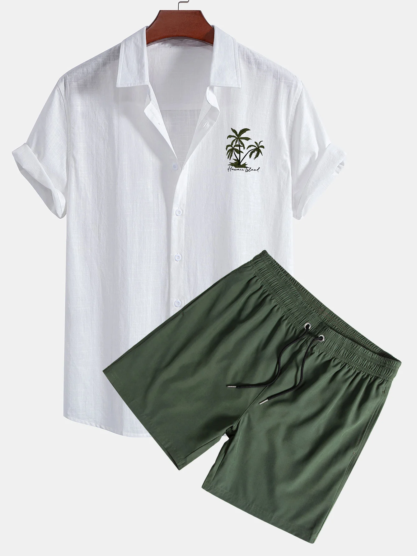 Hawaii-Palmenbaum-Print Leinenlook Baumwollhemd mit Knöpfen & Badeshorts