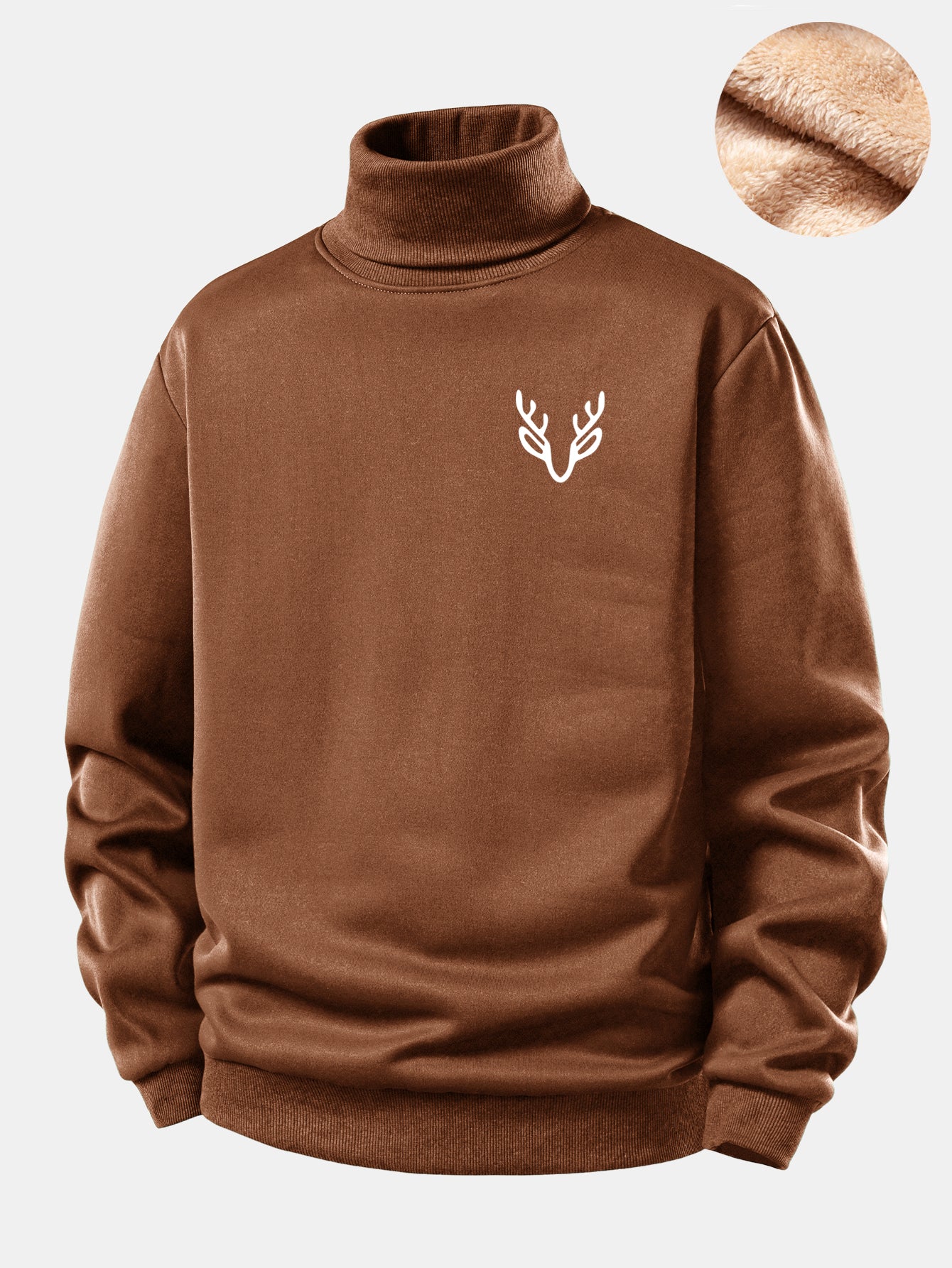 Head Deer Print Teddy Fleece Lined Turtle Neck Sweatshirt - Image 2
