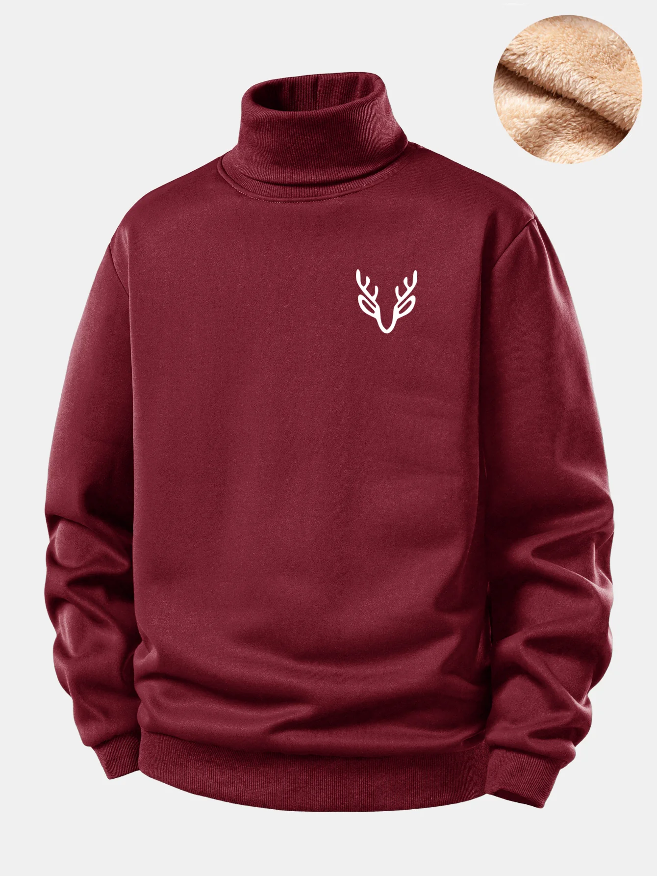 Head Deer Print Teddy Fleece Lined Turtle Neck Sweatshirt - Image 4