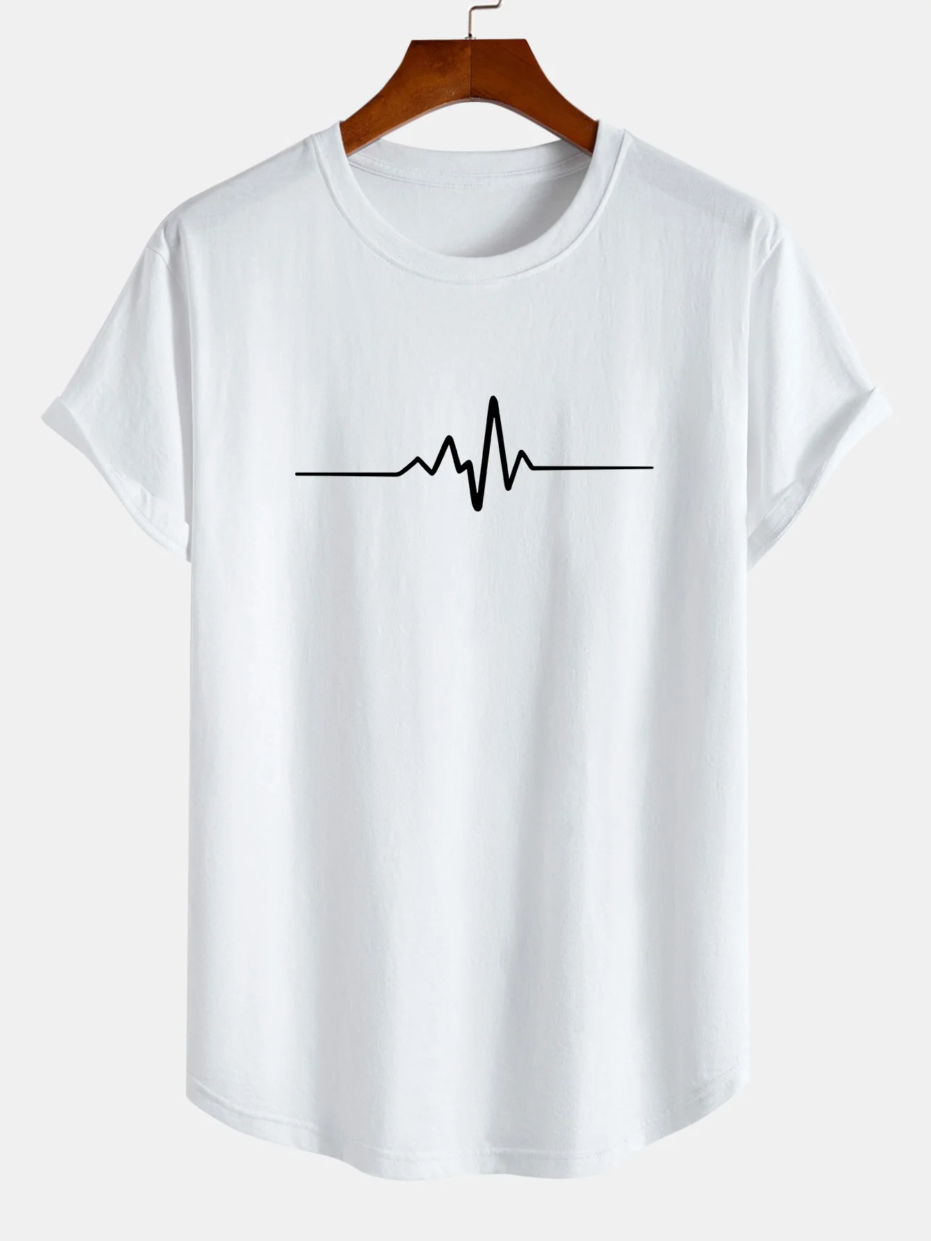 Heartbeat Flatline Print Baumwolle Arc Saum T-Shirt - Image 4