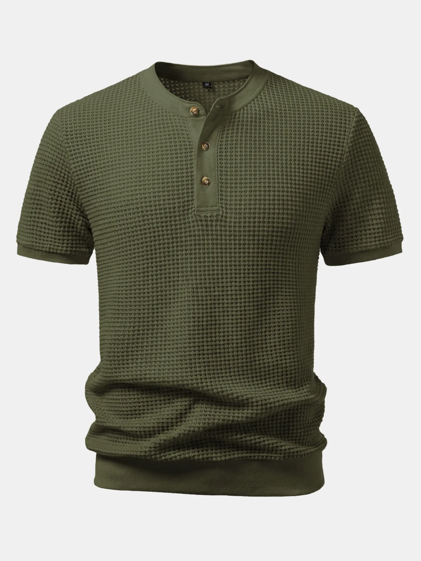 Waffle Textured Ribbed Hem Henley Shirt - Image 3