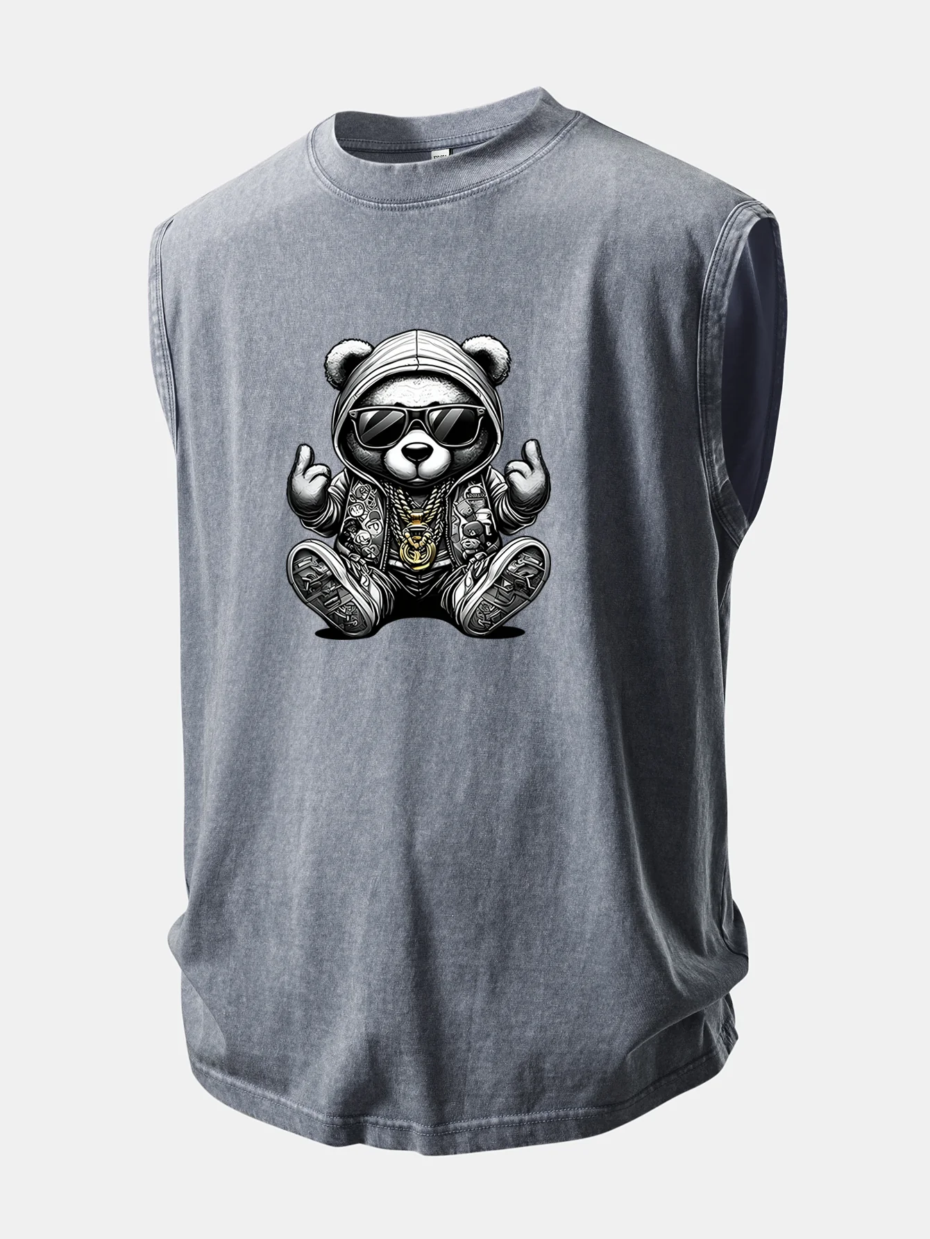 Hip Hop Bear Print Washed Distressed Tank Top - Image 3