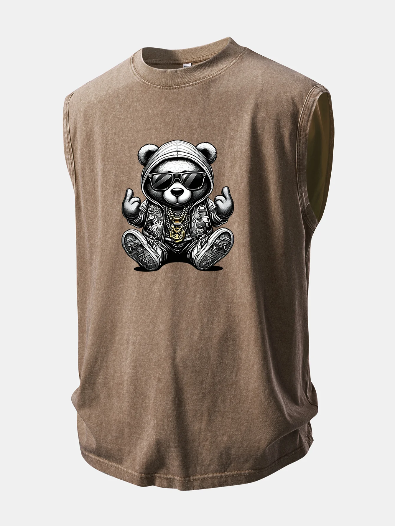 Hip Hop Bear Print Washed Distressed Tank Top - Image 5
