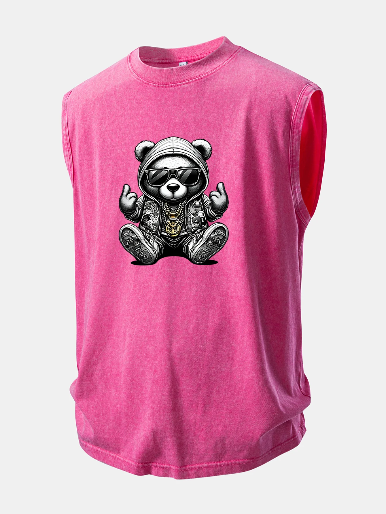 Hip Hop Bear Print Washed Distressed Tank Top - Image 7