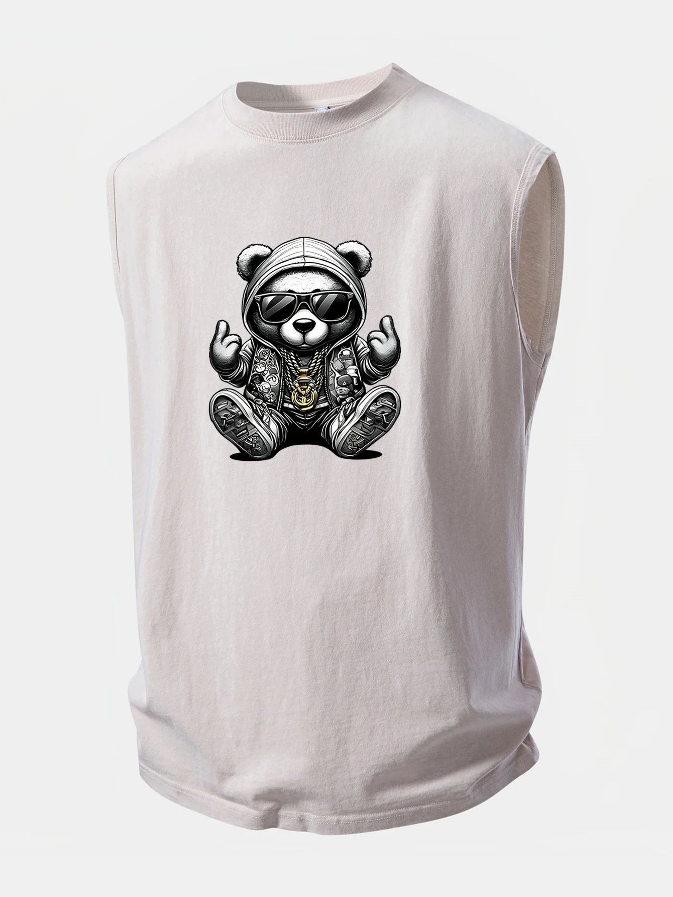 Hip Hop Bear Print Washed Distressed Tank Top - Image 9
