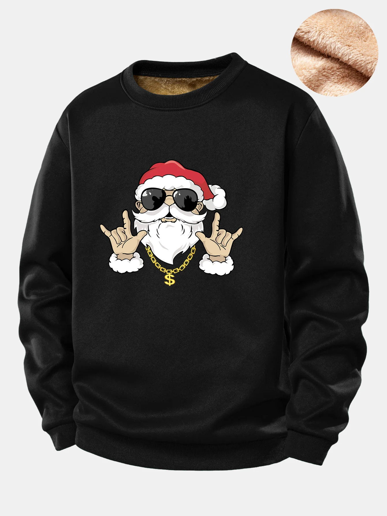 Hip Hop Santa Claus Print Teddy Fleece Lined Sweatshirt