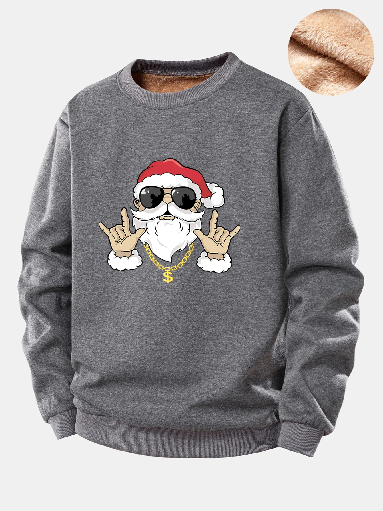 Hip Hop Santa Claus Print Teddy Fleece Lined Sweatshirt - Image 2