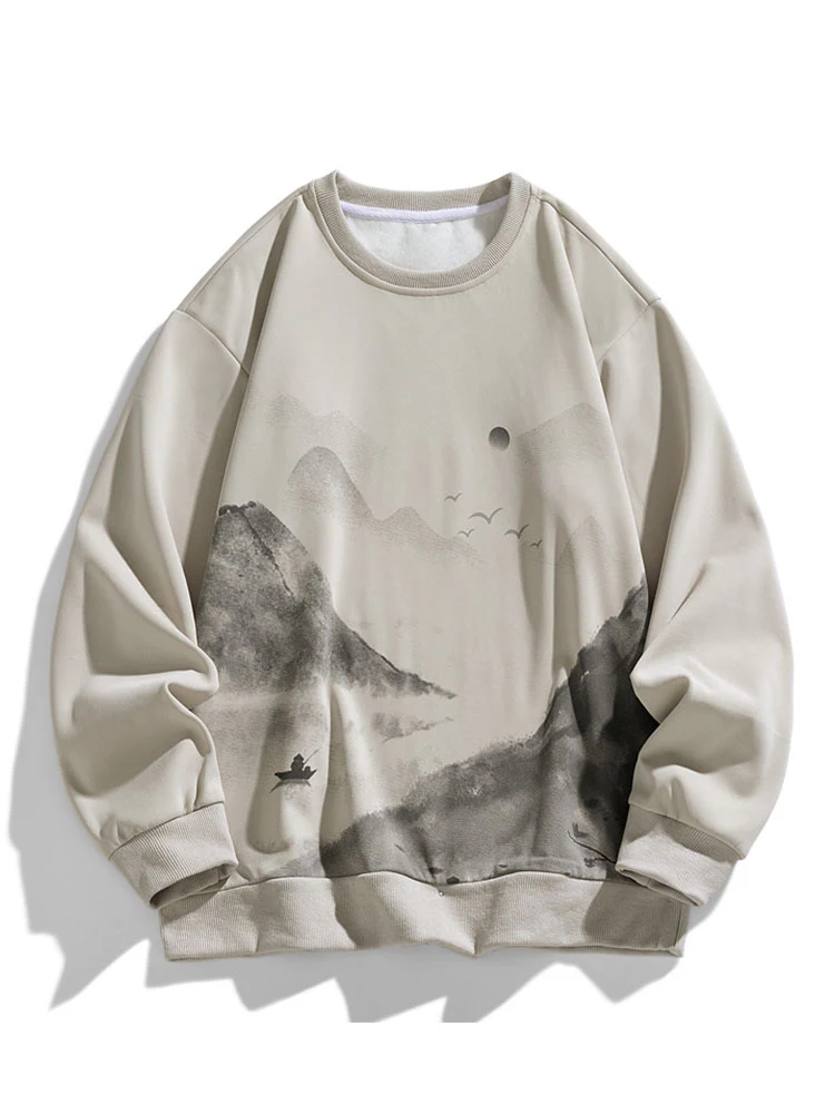Sweatshirt mit Rundhalsausschnitt und Landschafts-Tinten-Druck