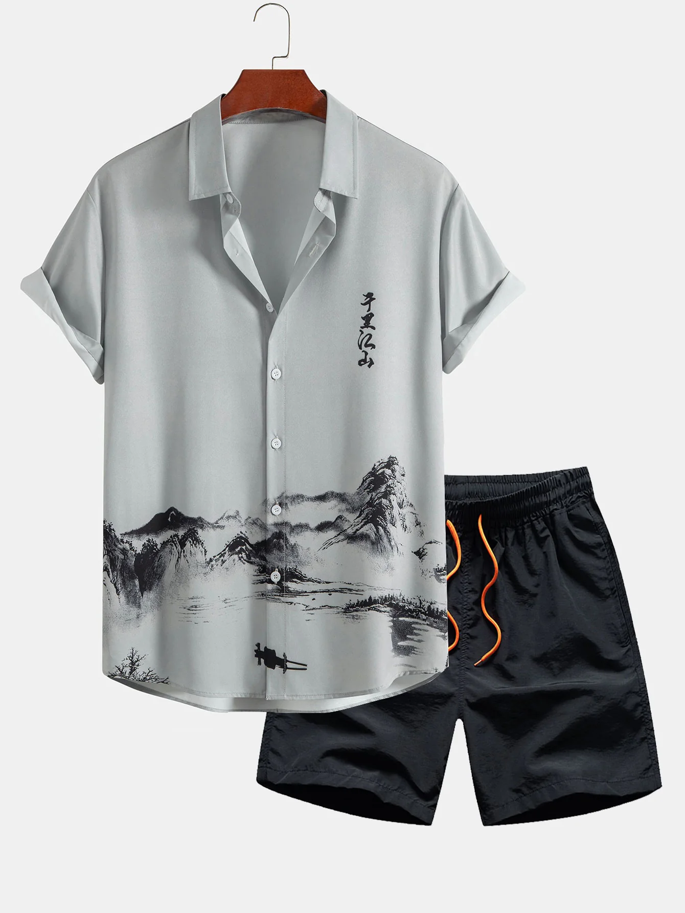 Ink Mountain And River Shirt & Herren Mid-Length Badeshorts mit Kordelzug