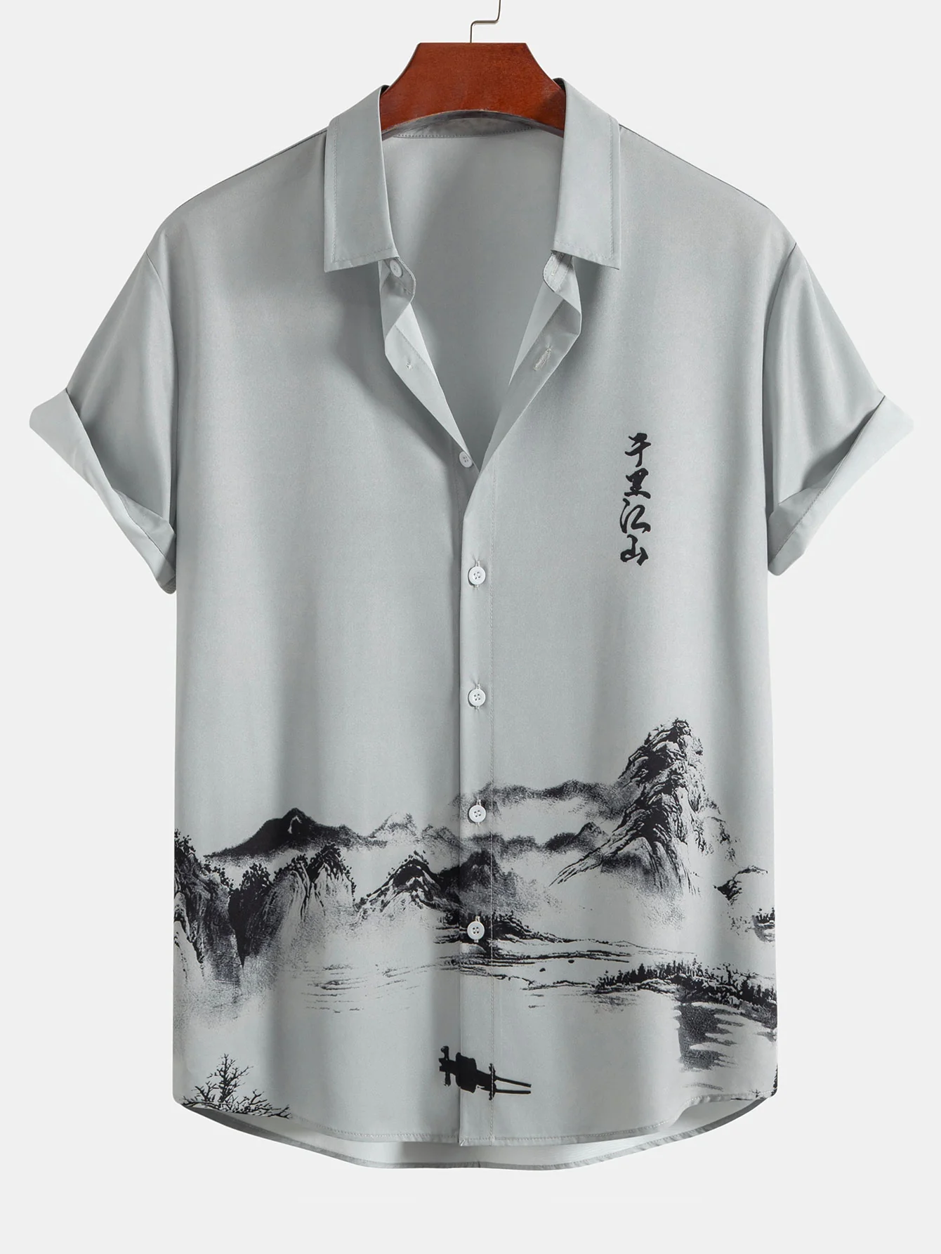 Ink Mountain And River Shirt & Herren Mid-Length Badeshorts mit Kordelzug - Image 2