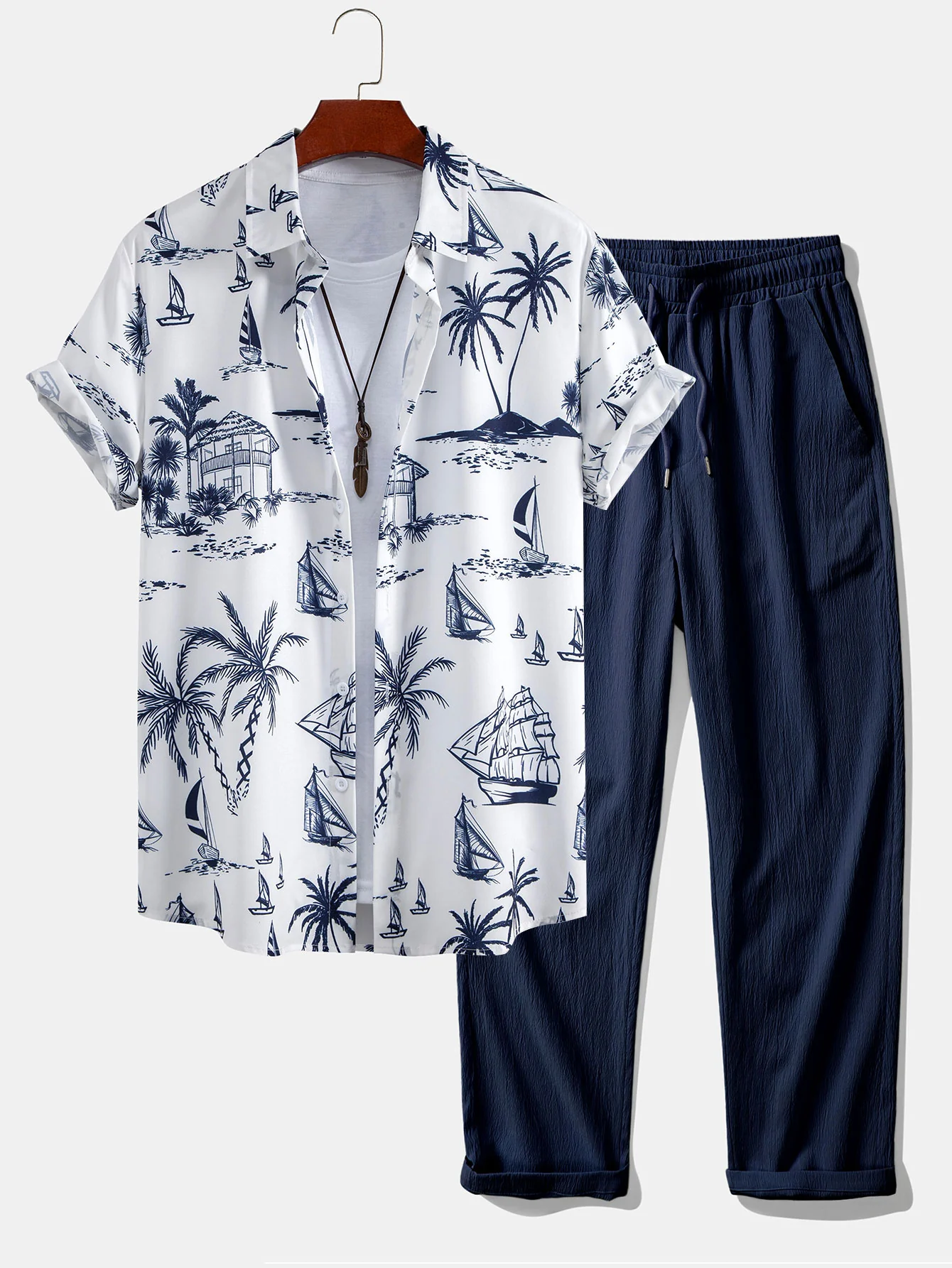Hemd mit Knopfleiste und Faltenstruktur im Island Sailing Print<tc>rot</tc> Gerade geschnittene Hose