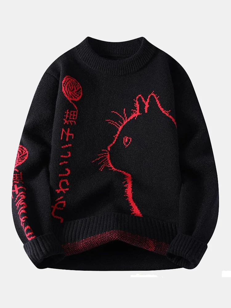 Japanese Cat Print Crew Neck Sweater - Image 2