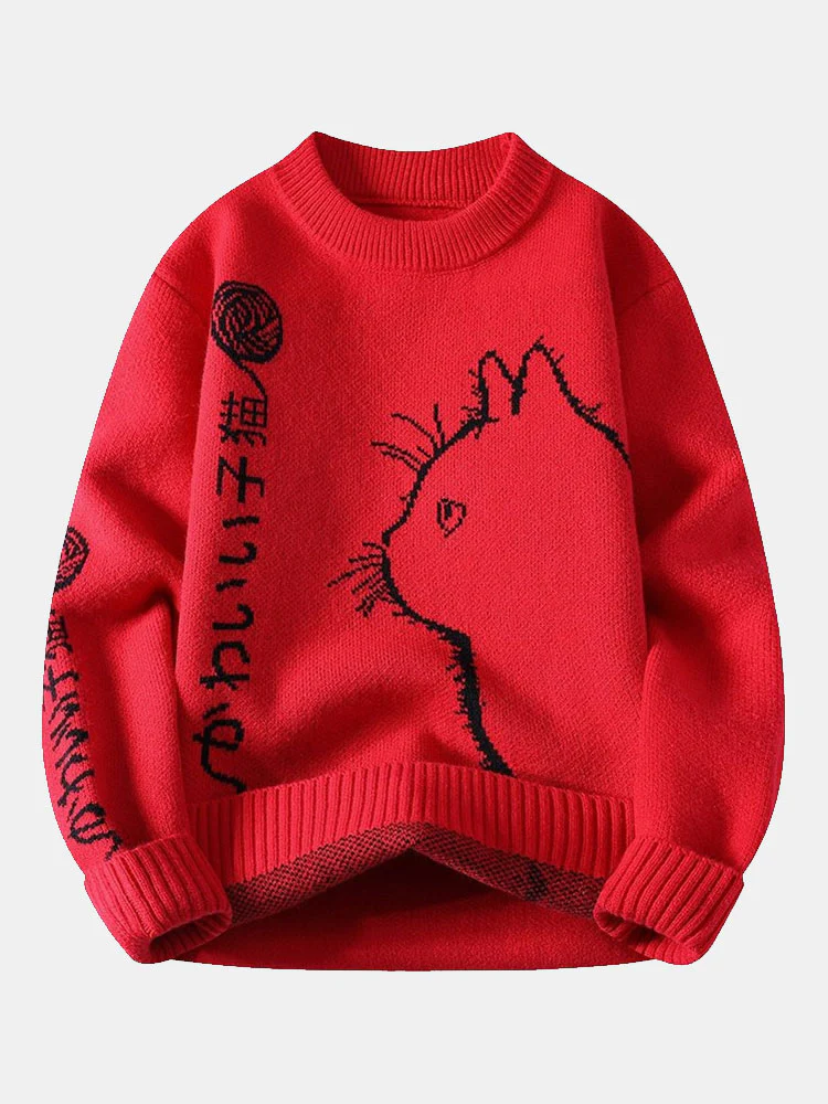 Japanese Cat Print Crew Neck Sweater - Image 4